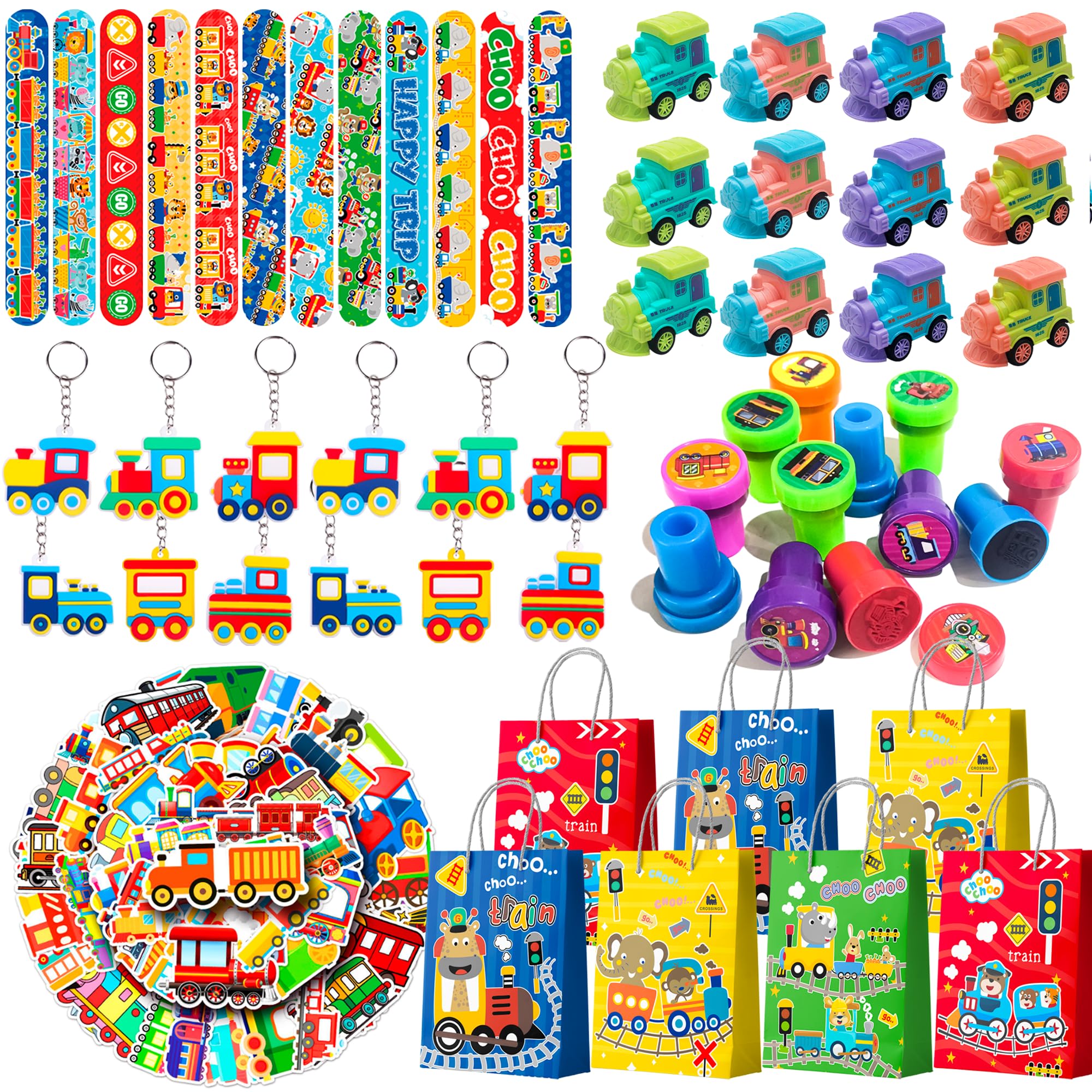 110pcs Train Party Favors, Train Birthday Favors Set Including Train Theme Party Bags Keychains Slap Bracelets Stamps etc Train Themed Birthday Party Favors for Train Party Decorations