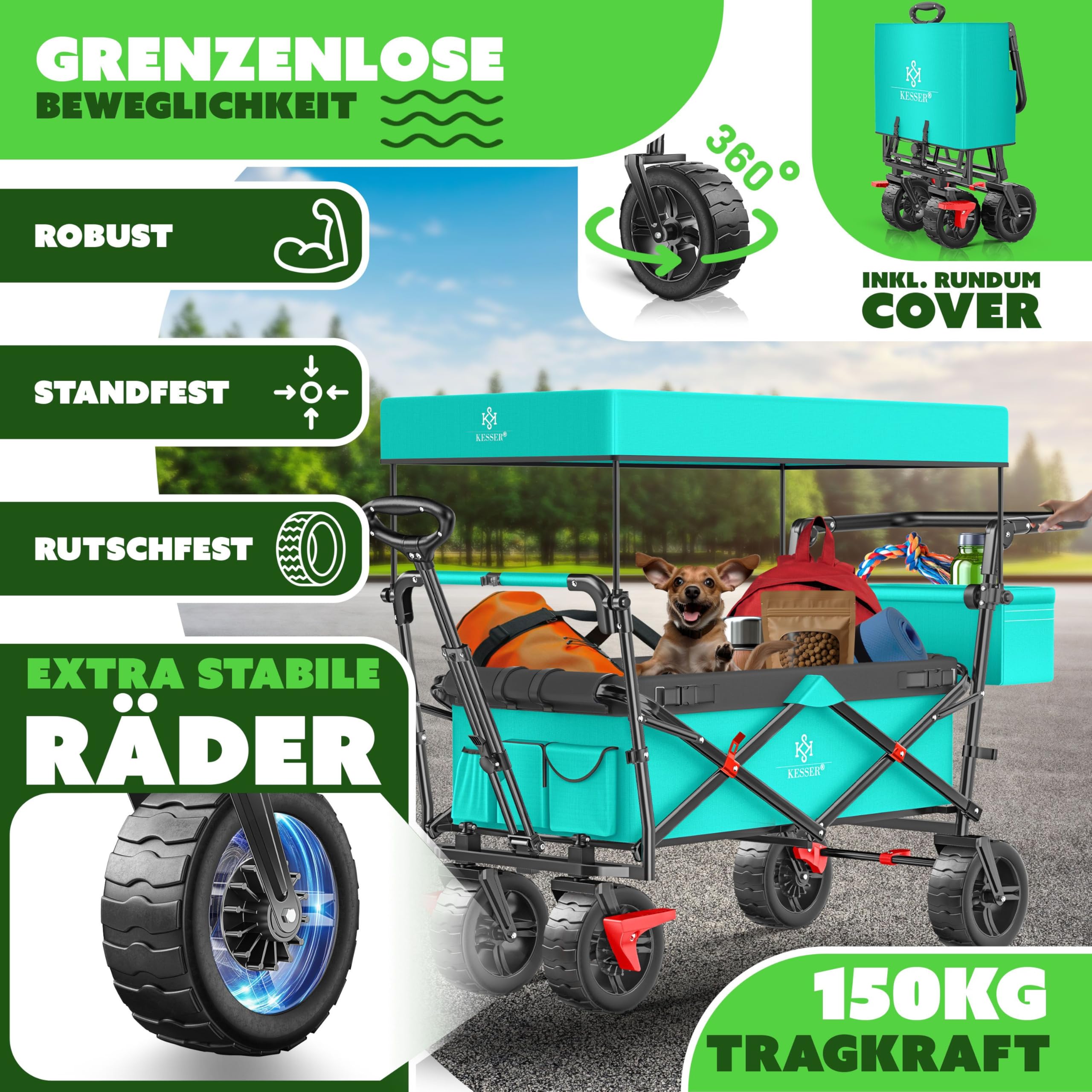 KESSER® Bollerwagen faltbar GT9000 Handwagen mit Dach | Transportwagen max. belastbar bis 150kg mit Hartgummi-Räder & Feststellbremsen (Vorne & Hinten) | Inkl. Schloss, Abdeckung, Wetter & Sichtschutz