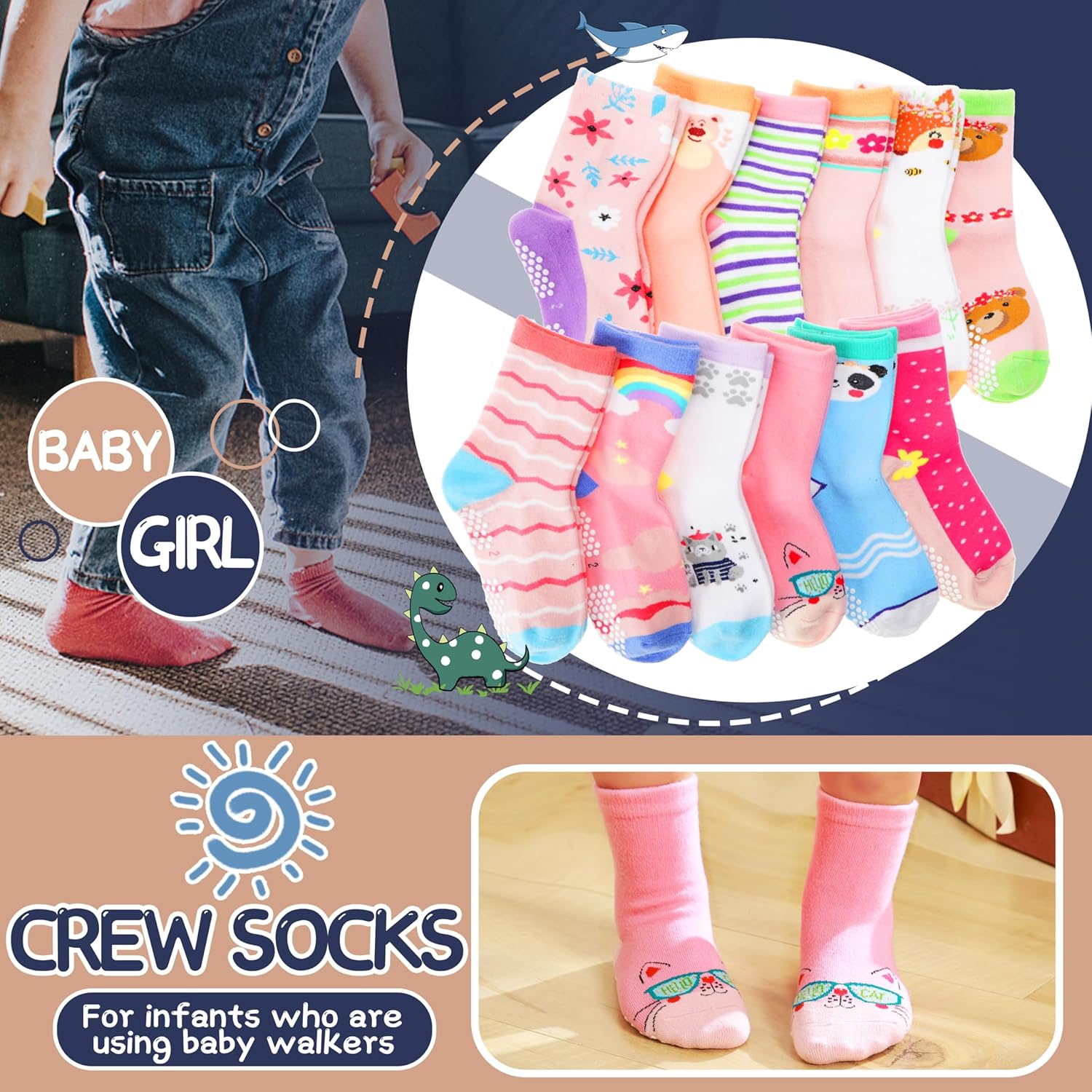 ANTSANG Baby Girls Toddlers Grips Socks Kids Non Slip/Anti Skid Unicorn Striped Crew Cotton Gift Socks - Image 4