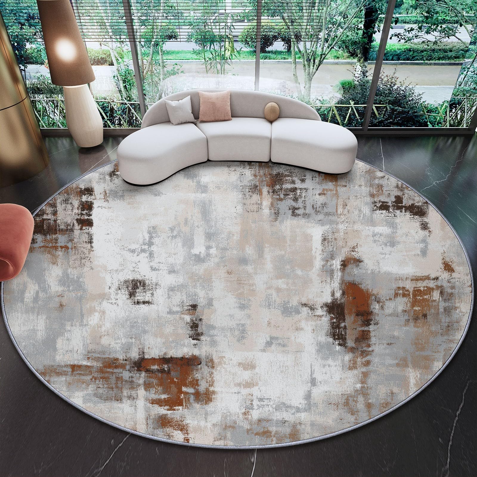Tapis Rond Style Industriel Vieilli Texturé - Lavable - Poils Courts Doux et antidérapant - pour Chambre à Coucher, Salon, Vestibule, entrée, Chambre d'enfant - Brun 160 cm
