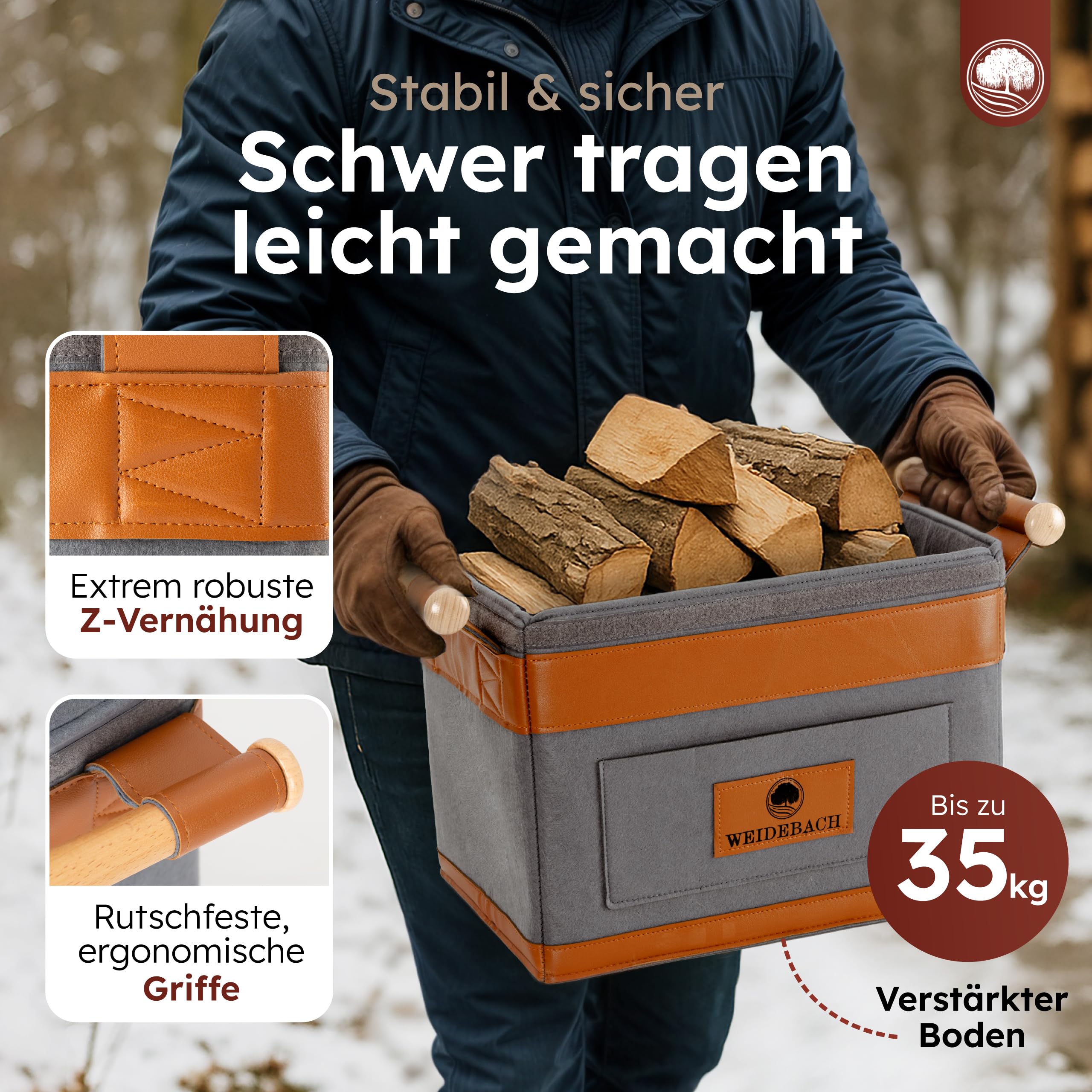 WEIDEBACH® Holzkorb für Kaminholz 35L (erweiterbar auf 50L), Kaminholzkorb grau schwer belastbar, Feuerholzkorb 40cm x 30cm x 30cm, Brennholzkorb mit rutschfestem Griff, Kaminholz Aufbewahrung