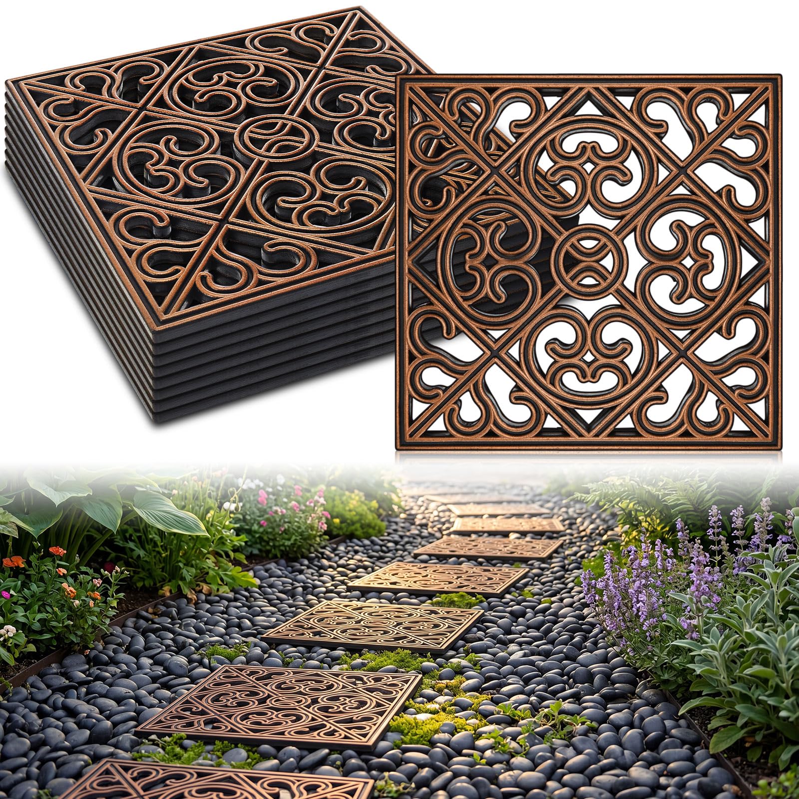 Pangda 8 Pcs Rubber Stepping Stones, 12 x 12 Inch, Copper
