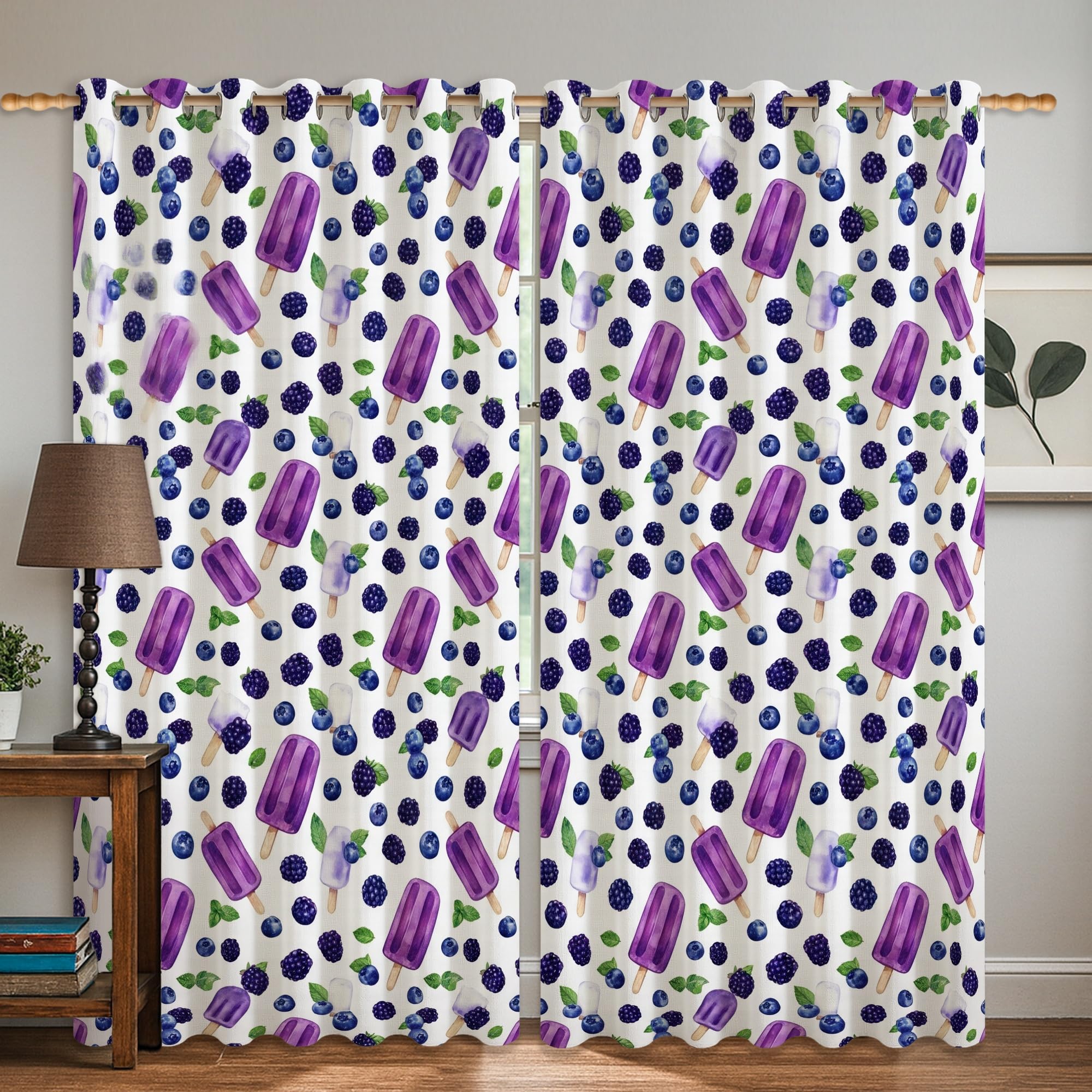 Rideaux occultants pour chambre et salon avec motif baies de bleuets lavables en machine