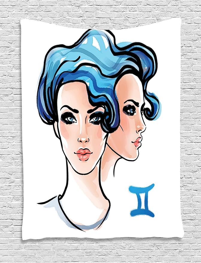 Ambesonne Zodiac Gemini Tapestry, Ink and Watercolor Artwork Young Women Portraits of Air Sign, Wall Hanging for Bedroom Living Room Dorm Decor, 40