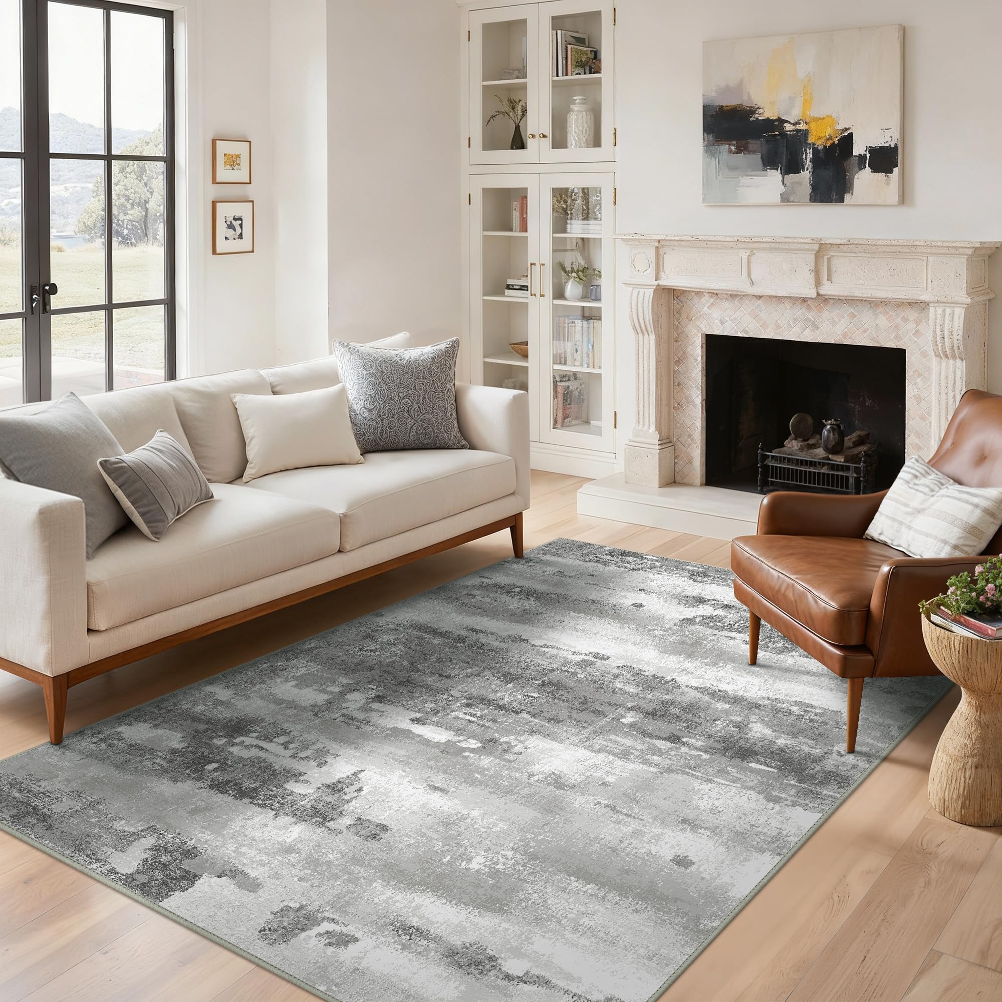 BEIMO Tappeto Salotto Pelo Corto, Moderno Tappeto Camera Da Letto, Tappeti Antiscivolo Lavabile, Tappeti Astratto per Cameretta, Soggiorno, Sala, Scendiletto, Bianco Grigiastro, 120x170cm