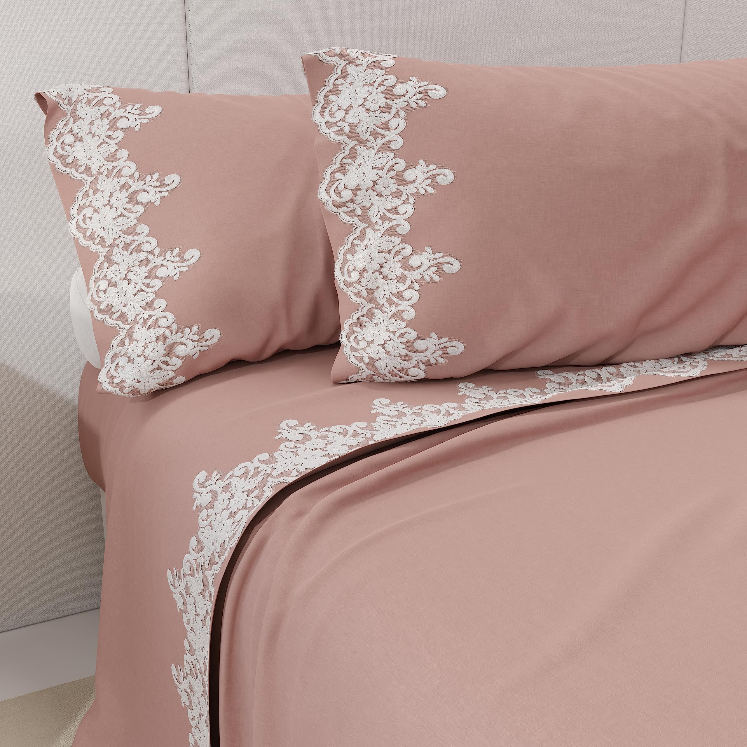PETTI Artigiani Italiani - Set Lenzuola Matrimoniali Percalle Cotone con Pizzo Macramè Cipria, Completo Letto 4 Pezzi, 100% Made in Italy