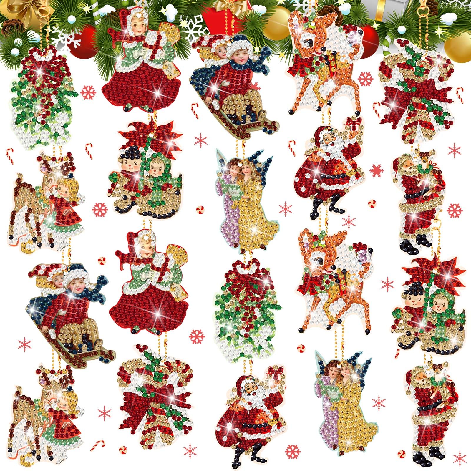 Outus 24 Pcs Vintage Diamond Painting Keychains Double Sided DIY Diamond Art Vintage Santa Claus Reindeer Snowman Keychain Ornament for Christmas Rustic Country Decor
