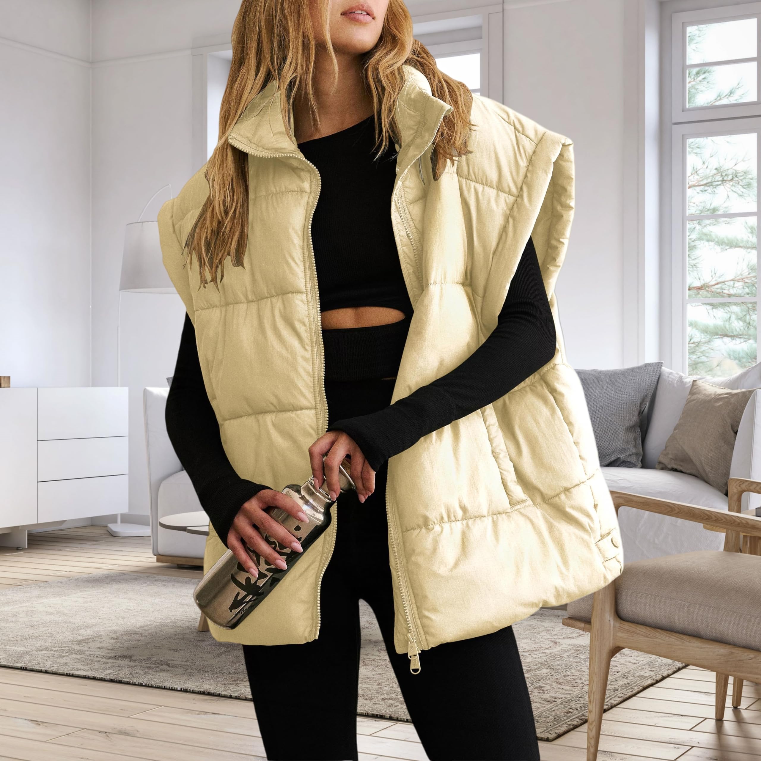 Damen Westen Damen Oversize Steppweste mit Stehkragen Kurzen Ärmeln Reißverschluss Winterweste Ärmellose Steppjacke Lässige Steppjacke mit Tasche