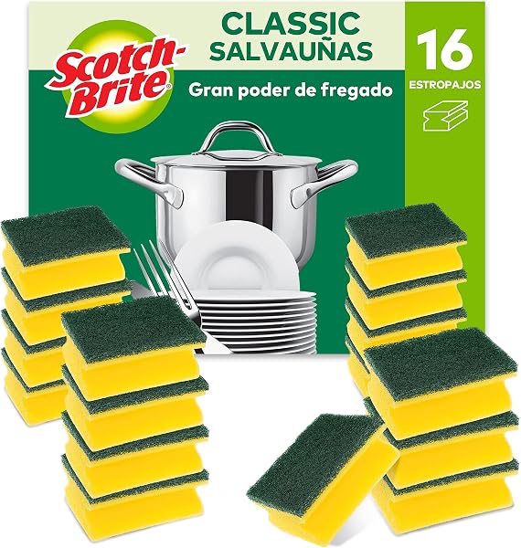 Scotch-Brite Estropajo Clásico de cocina, 16 esponjas por paquete - Eficaz para el fregado de cada día - 1