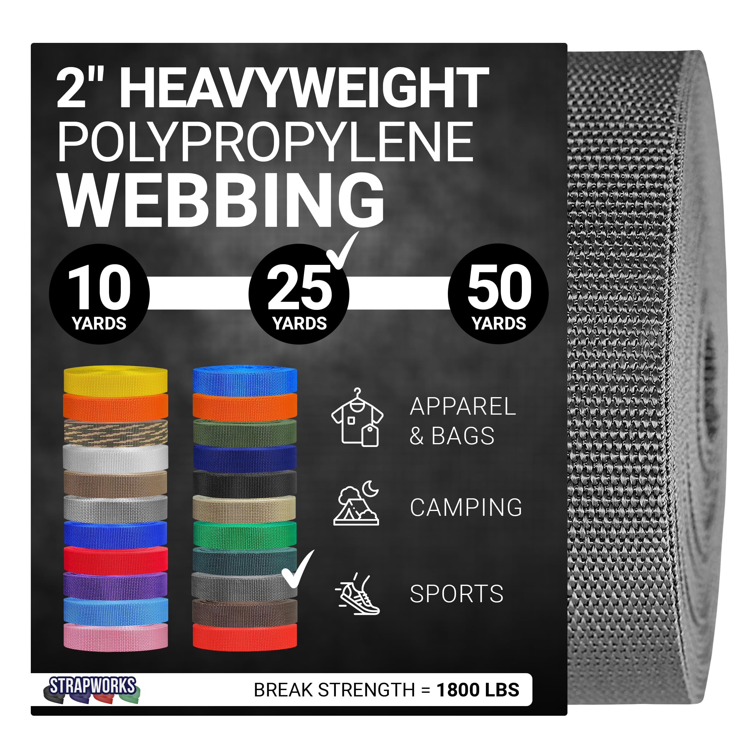 Strapworks Heavyweight Polypropylene Webbing - Heavy Duty Poly Strapping for Outdoor DIY Gear Repair 2 Inch x 25 Yards - Charcoal