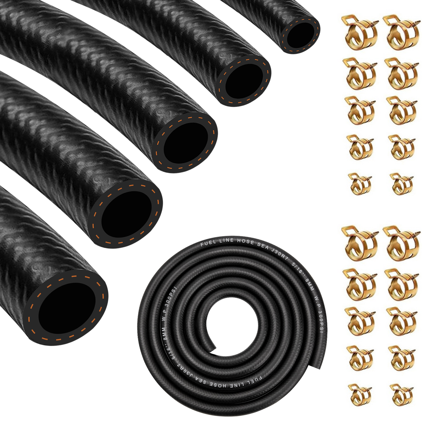 Image of smseace 55pcs 6.6Ft 5-Size Fuel Line Hose Kit - 3 /8 Inch 1 /2 Inch 5 /16 Inch 1 /4 Inch 3 /16 Inch ID NBR Rubber Fuel Hose with Hose Clamps for Small Engines Automotive Replacement Fuel Hoses