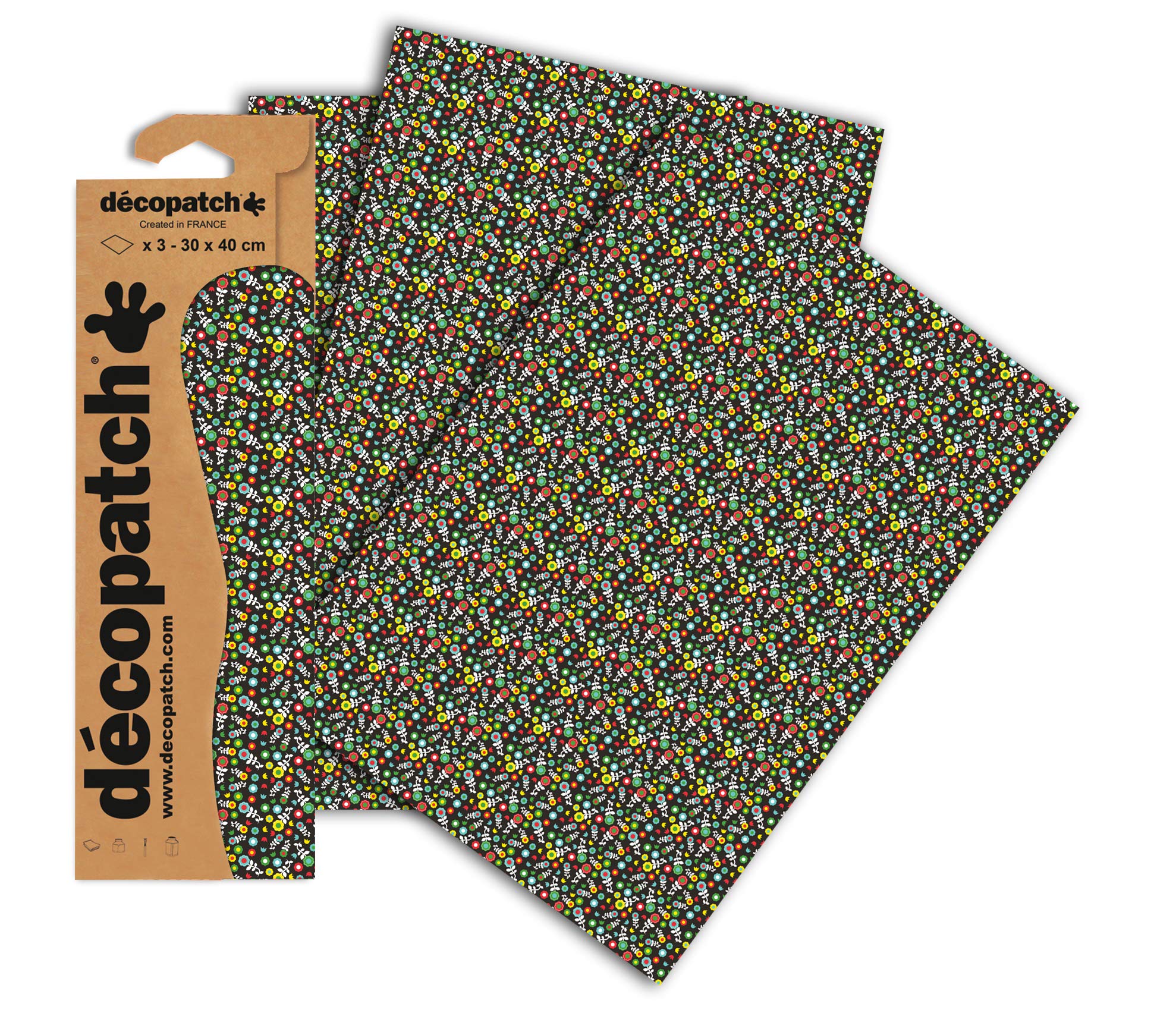Décopatch C720O - A pocket of 3 sheets of printed paper 30x40 cm, Flowers on a black background - DIY - Customisable Décor - Completely Personalise - Creative
