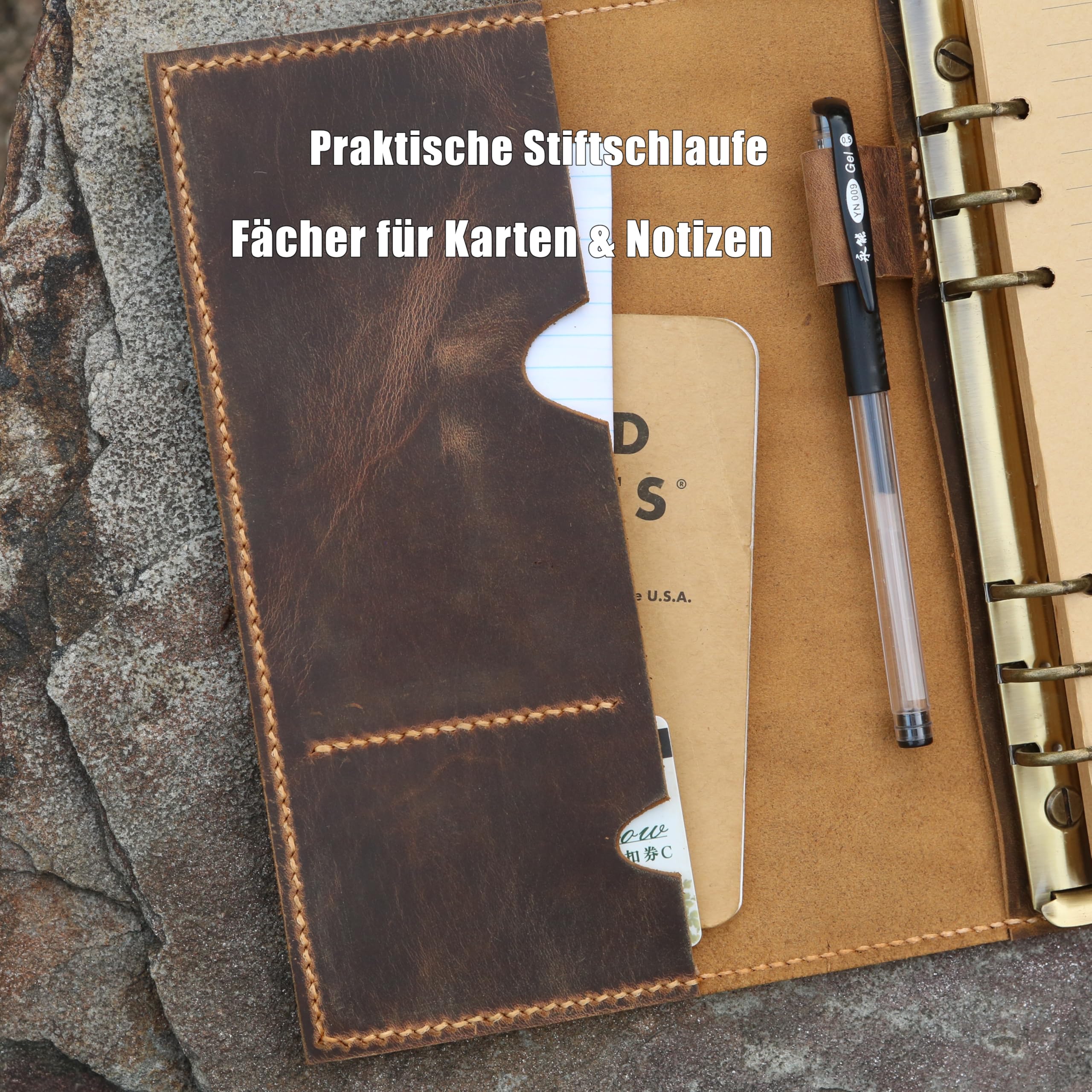 D&M leather studio Personalisiertes A5 Leder Notizbuch – nachfüllbares Ringbuch im Vintage Look, Schreibmappe A5 mit Stiftschlaufe & Kartenfach, Konferenzmappe/Dokumentenmappe