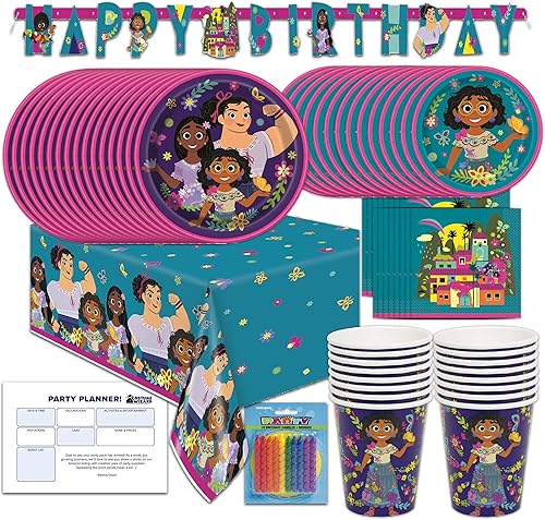 Encanto - Suministros de fiesta de cumpleaños temáticos para niños, sirve 16, decoraciones y juego de vajilla con cubierta de mesa, platos,