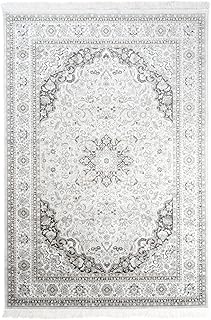 TAPISO Jafar Teppich Wohnzimmer Dünn Kurzflor Fransen Flachflor Klassisch Oriental Ornament Orient Ziegler Creme Grau Silber Viscose 120 x 170 cm