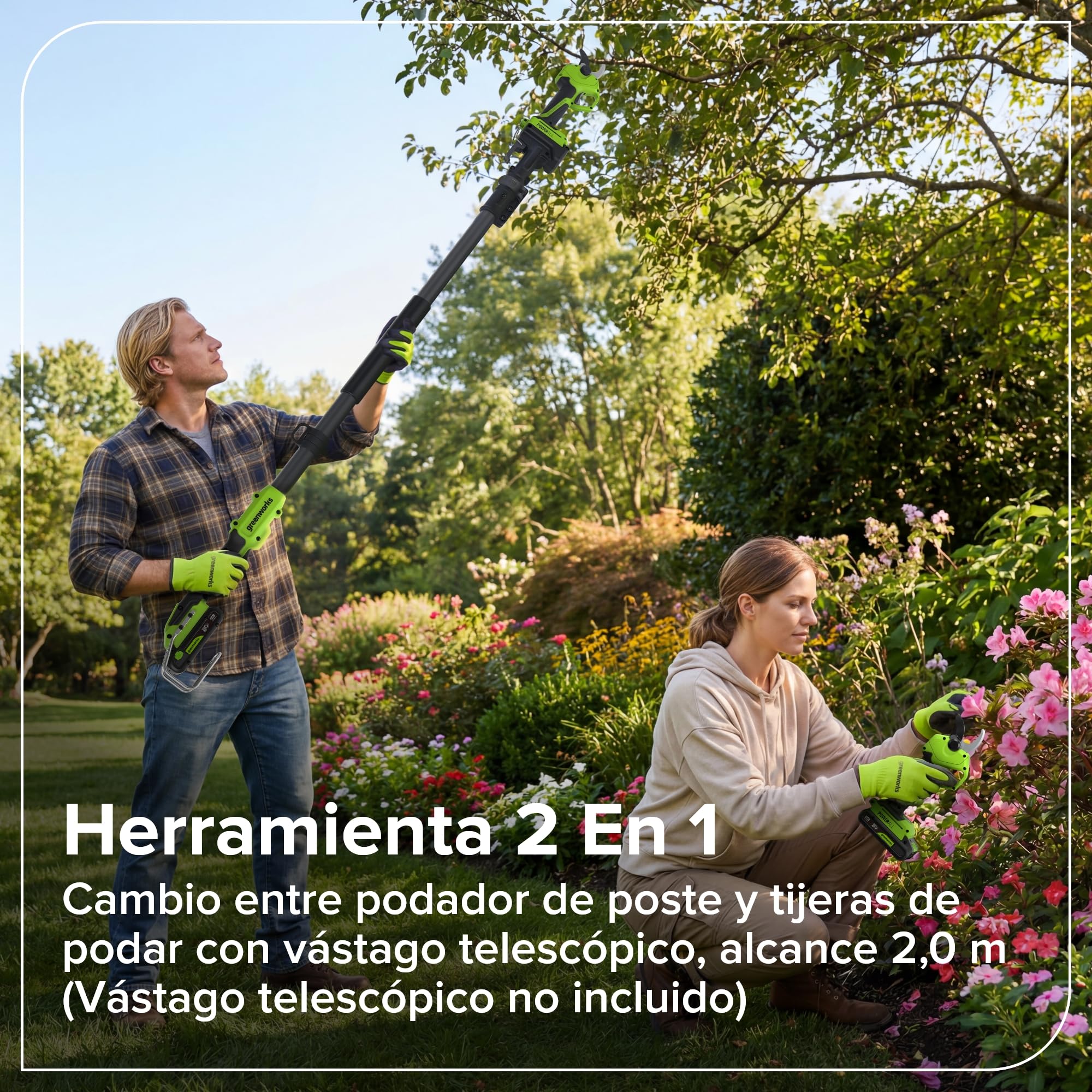 Greenworks Tijera Eléctrica 24V con Poste Telescópico 1,29–2,00 m, Motor Brushless, Cuchillas Acero, Apertura 22/32 mm, Pantalla LED, con Batería 2,0Ah & Cargador USB-C 30W LP24BLA1