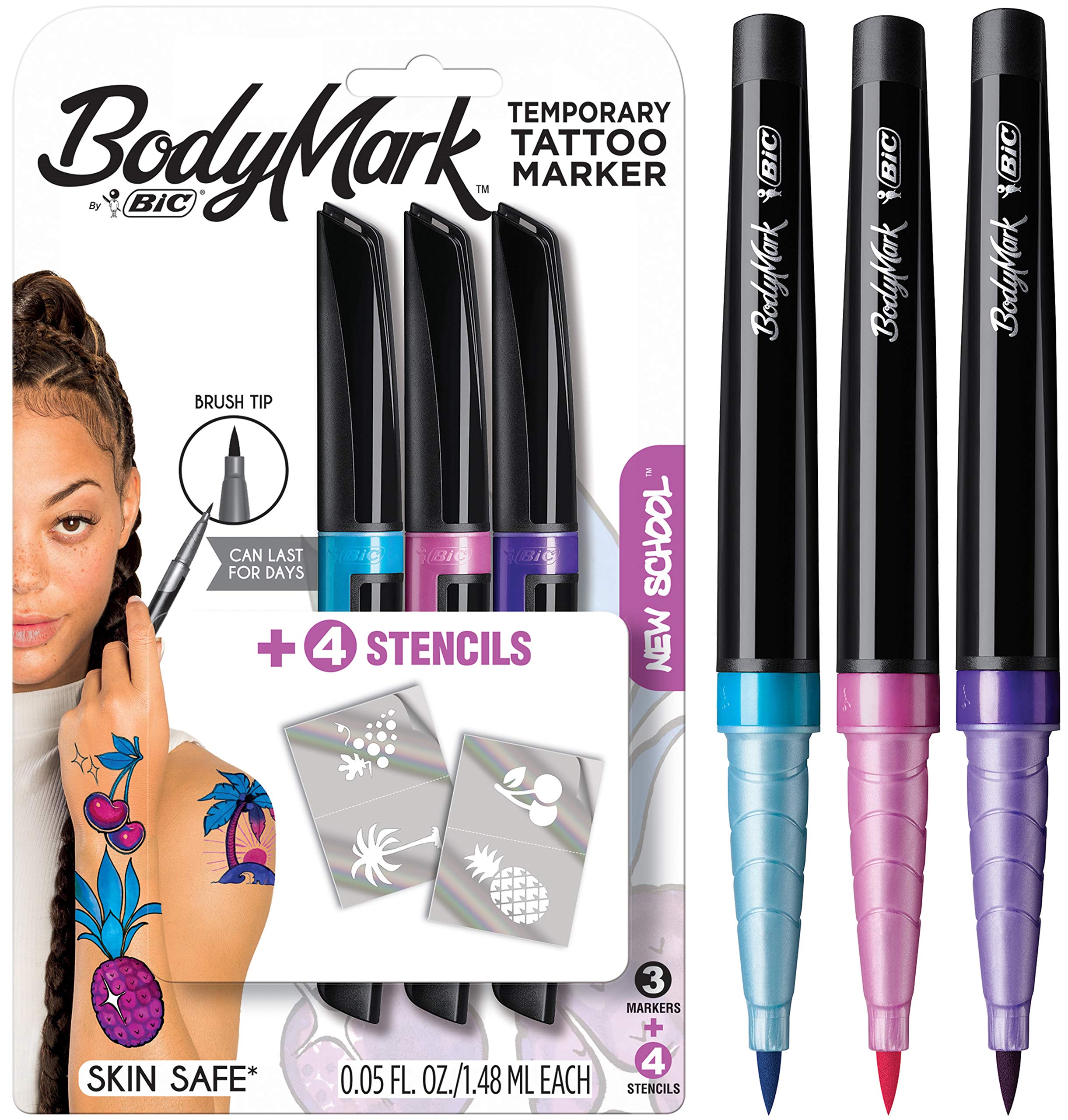 BodyMark by BIC, Temporary Tattoo Marker, New School Inspiration, Skin Safe, Brush Tip, Assorted Colors, 3-Pack (MTBP31NS-AST)