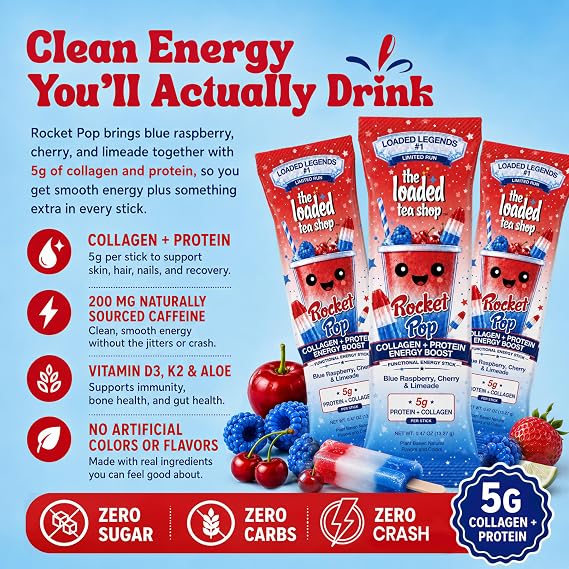 The Loaded Tea Shop Rocket Pop Collagen + Protein Energy Drink Mix, 5ct