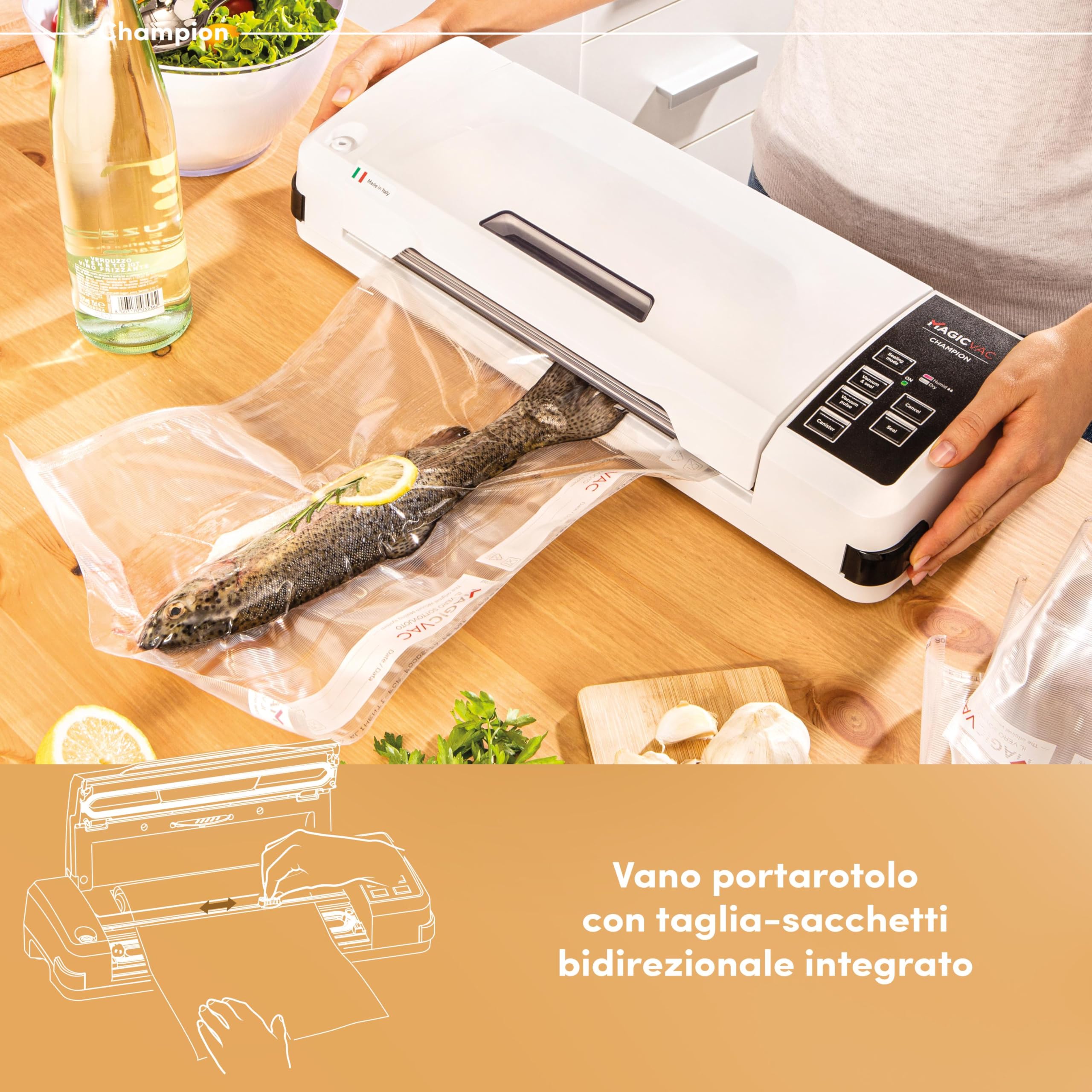 Magic Vac, Champion, Macchina Sottovuoto Alimenti Multifunzione Professionale, per Sacchetti Sottovuoto e Cottura, con Potente Motore e Kit Sottovuoto Alimenti, Brevettata, Made in Italy, Bianca