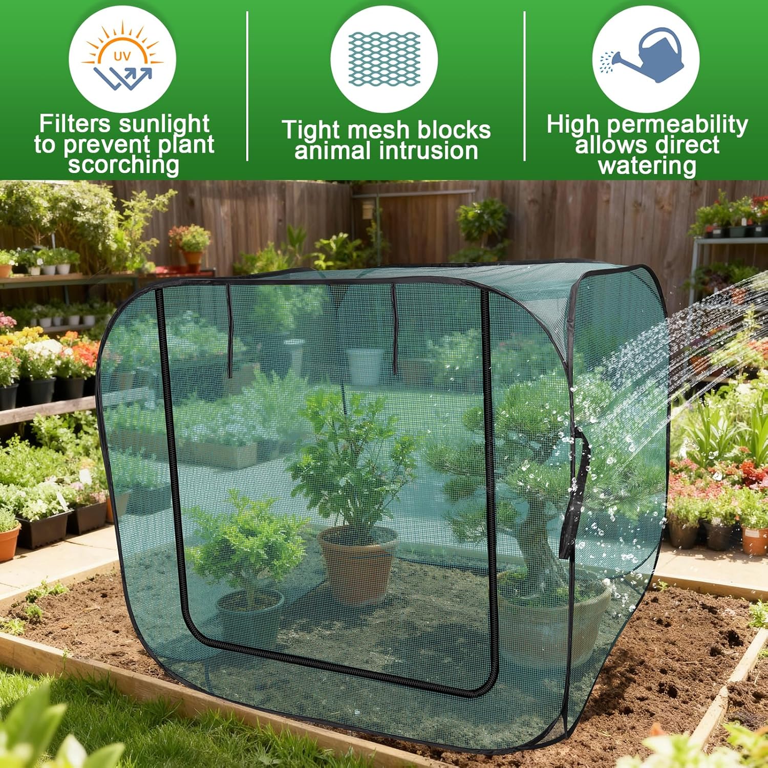 RGQSUN 1Pcs 47 x 47 x 43in Pop-up Garden Mesh Plant Cover,Large Pest Guard Cover,Plant Gardening Net Cover with Zip and Stakes for Protecting Vegetable Fruits Plant from Birds Insects