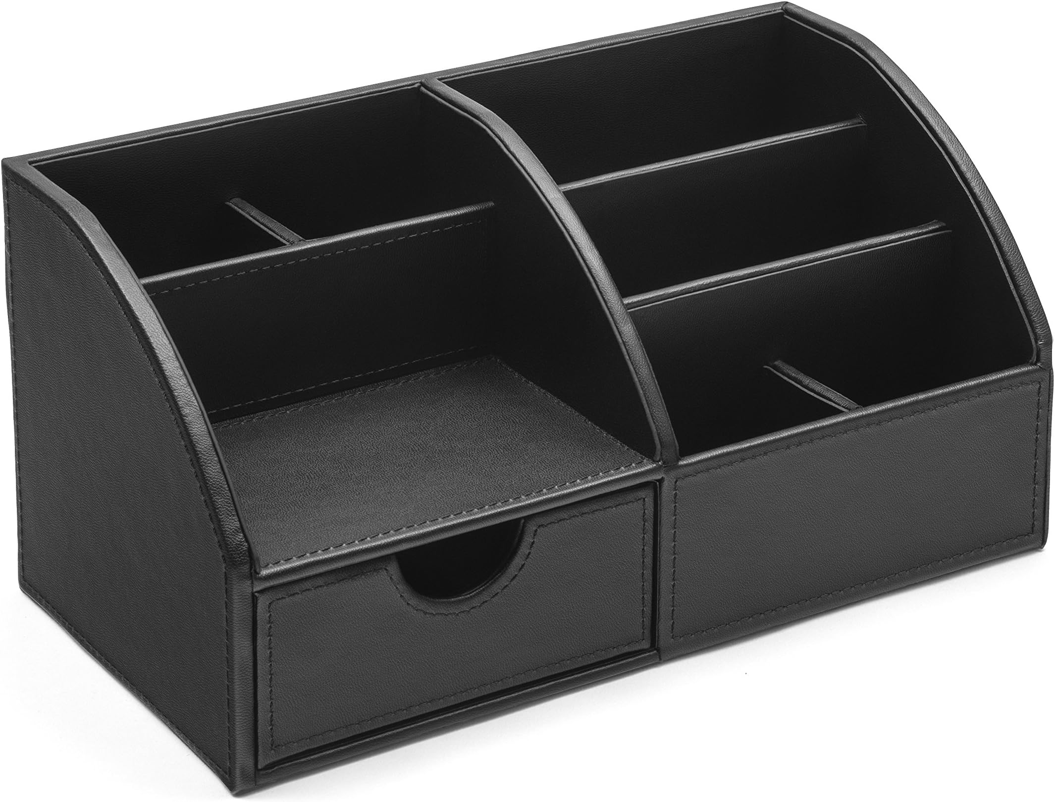 OSCO Faux Leather Desk Organiser with Drawer, 8-Compartment Stationery Caddy, Pen & Pencil Holder, Desktop Makeup or Office Storage Box, Black