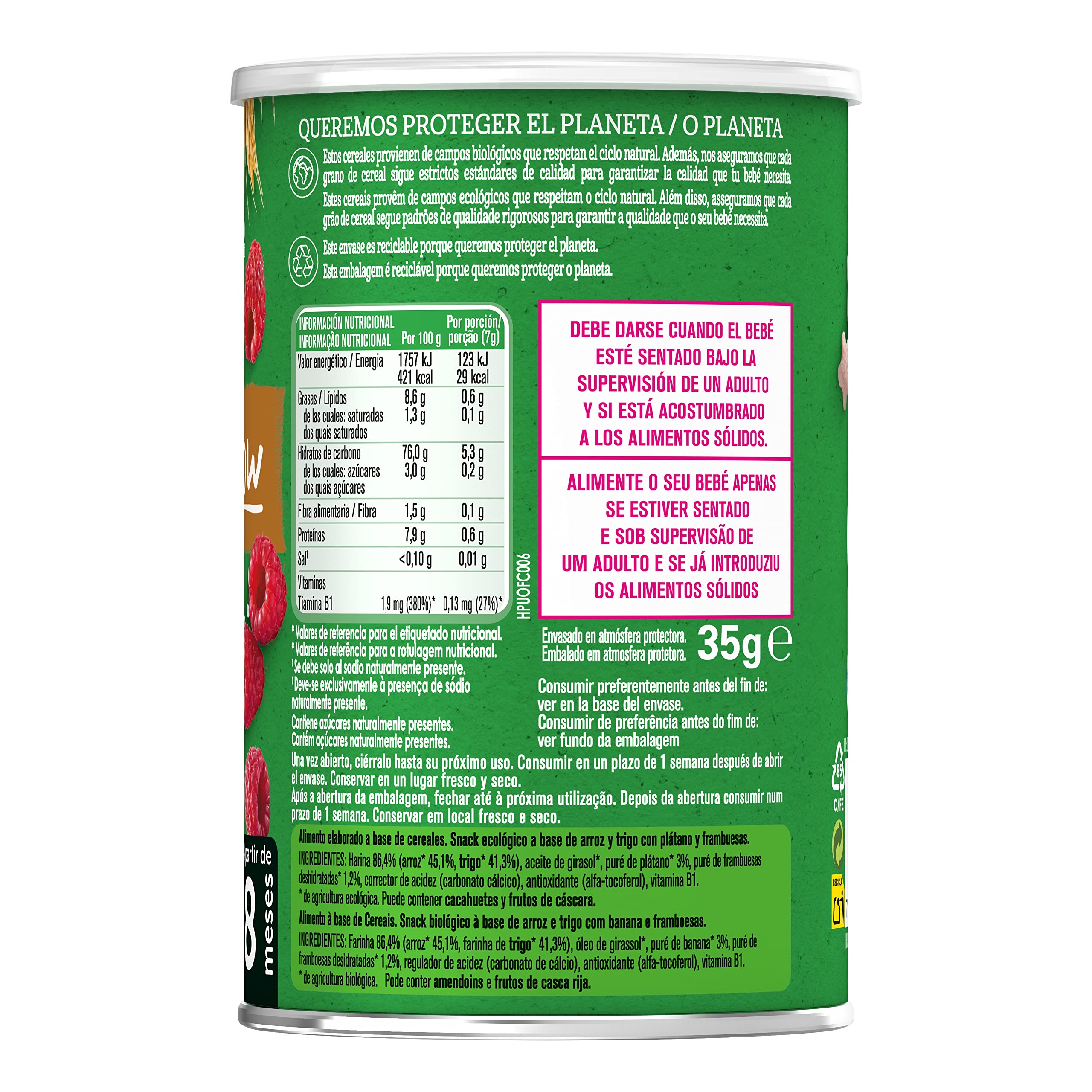 GERBER Organic Puffs Frambuesa y Plátano, Snack de Cereales para Bebés, Latitas 5x35g, a partir de 8 meses