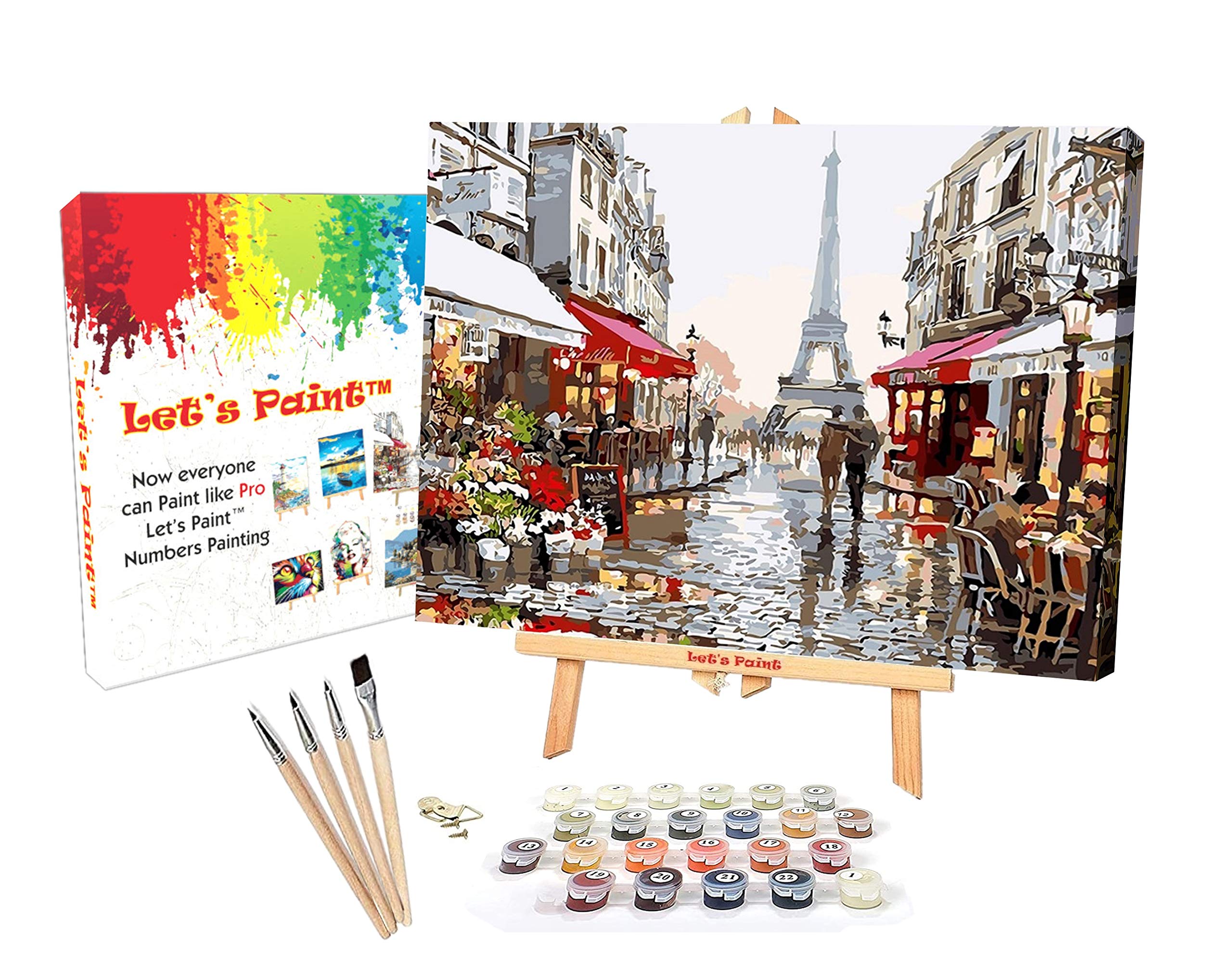LET’S Paint by Number for Adults Framed with Easel Paintbrushes Acrylic Paint DIY Number Painting Kit for Kids Beginner 16”x20” Home Decor Full Set Canvas Painting Numbers Adults Beginners (Paris)