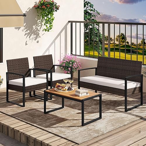 Miniatura 3 de Tangkula Juego de muebles de patio de 4 piezas, juego de conversación de ratán para exteriores con sillas acolchadas y mesa de centro de plástico de