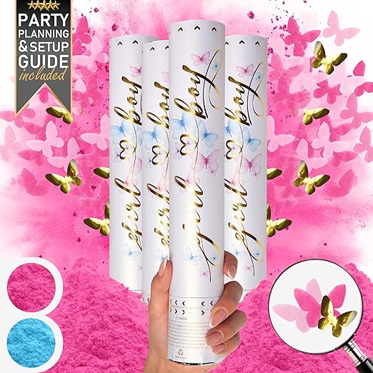 Gender Reveal Confetti Cannon 4 Pack Butterfly Confetti