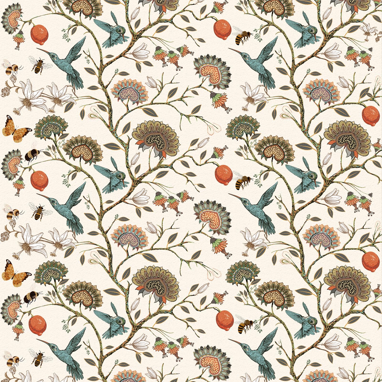 Beige Floral Wallpaper,44 x 300cm Blue Flowers and Birds Wallpaper Green Leaf Flower Bees Hummingbirds Plants Peel and Stick Wall paper Self Adhesive Furniture Wrap for Living Room,Bathroom,Cabinets — image 1