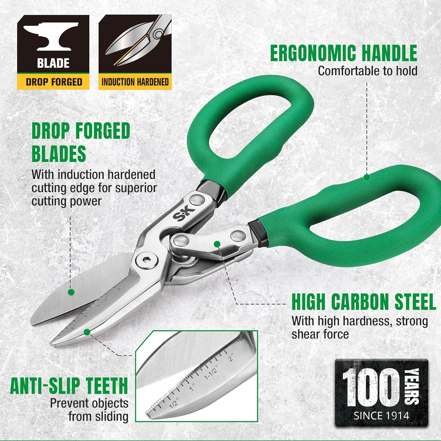 SK 10" Compound Action Tin Snips, Metal Shears with Forged Blade, Heavy Duty Metal Cutter Scissors, Ergonomic Handle for Comfortable Grip