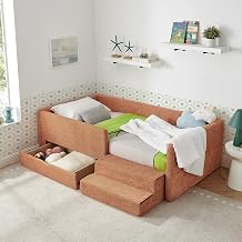 DEINPPA Twin Size Boucle Upholstered Daybed with Storage Drawer, Kids Bed Frames with Stairs and Guardrails for Living Room Bedroom, Easy Assembly-Orange