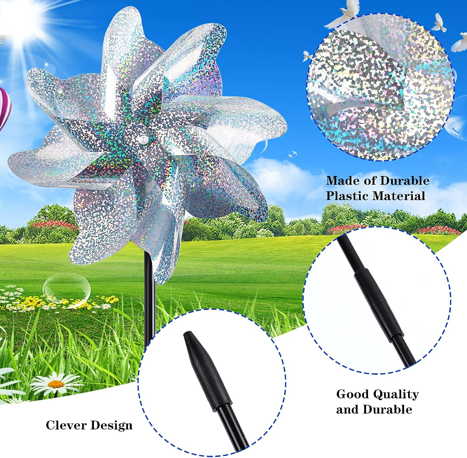 NOVWANG 6 PCS Reflective Pinwheels with Stakes, Extra Sparkly Pin Wheel for Garden Yard Decor, Bird and Animal Deterrent Device to Scare Birds Away from Patio Farm