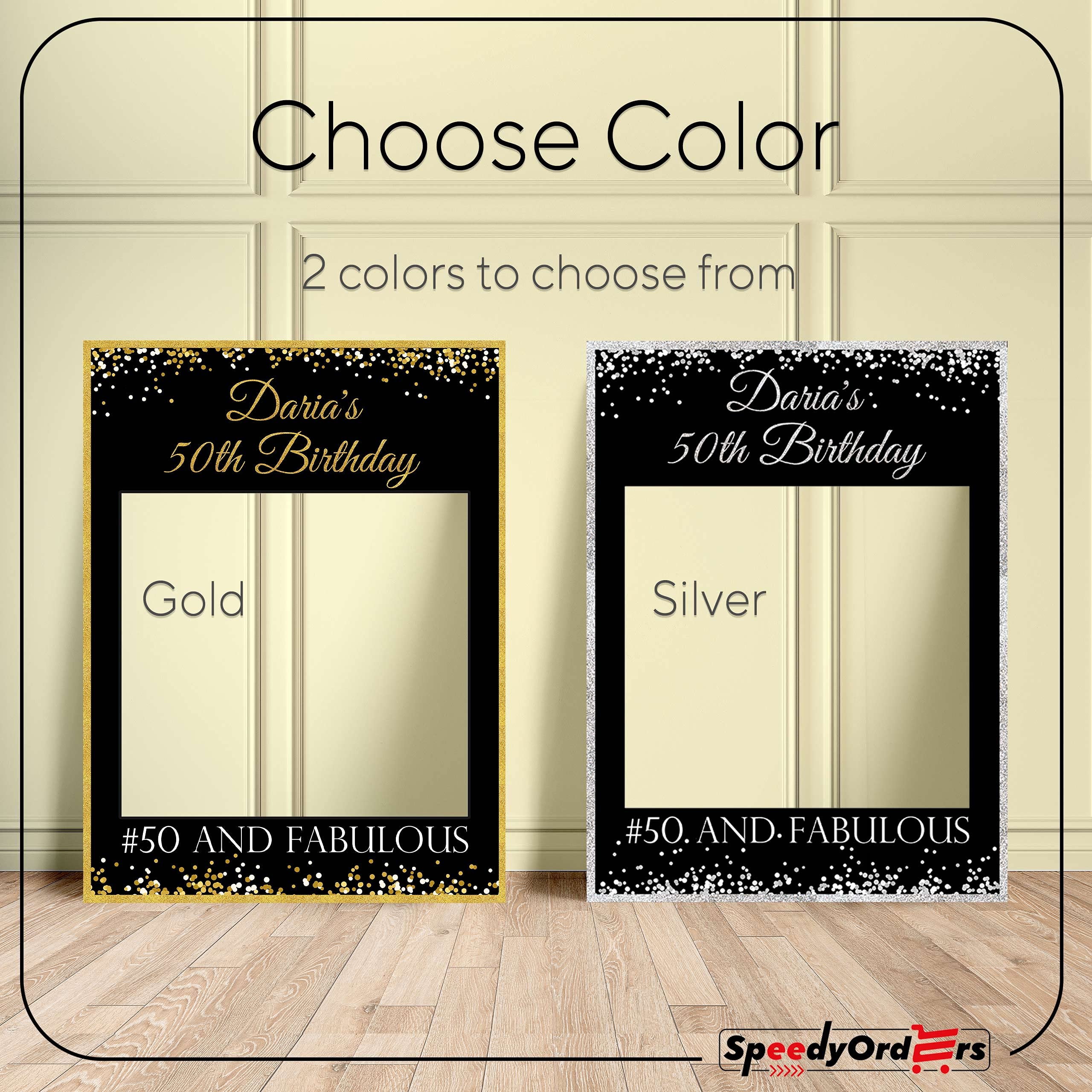 Fifty & Fabulous Photo Booth Frame, 50th Birthday Decorations, Personalized Black and Gold