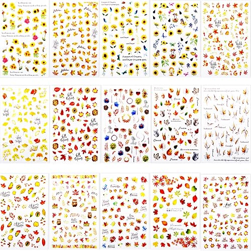 Miniatura 2 de BIHRTC 15 hojas de calcomanías para uñas, girasoles son flores, hojas de arce, calcomanías autoadhesivas para arte de uñas para mujeres y niñas,
