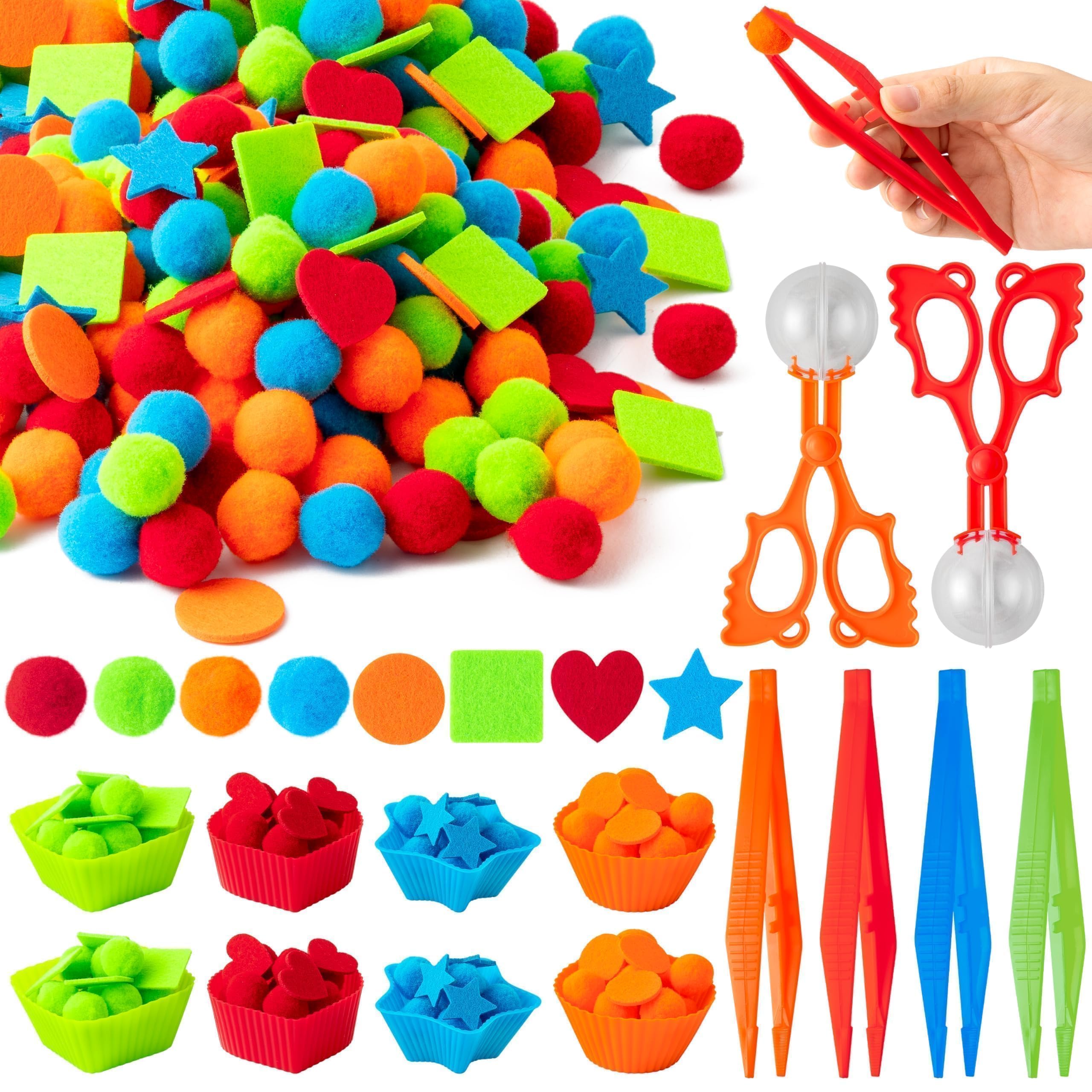 EZdhuawuse Shape Sensory Bin Fillers - 295P Fall Shape Fine Motor Skills Toys Counting Sorting Set for Kids Early Education, Felt Decor Pom Poms Cup Clip for Preschool Counting Sorting Birthday Gift