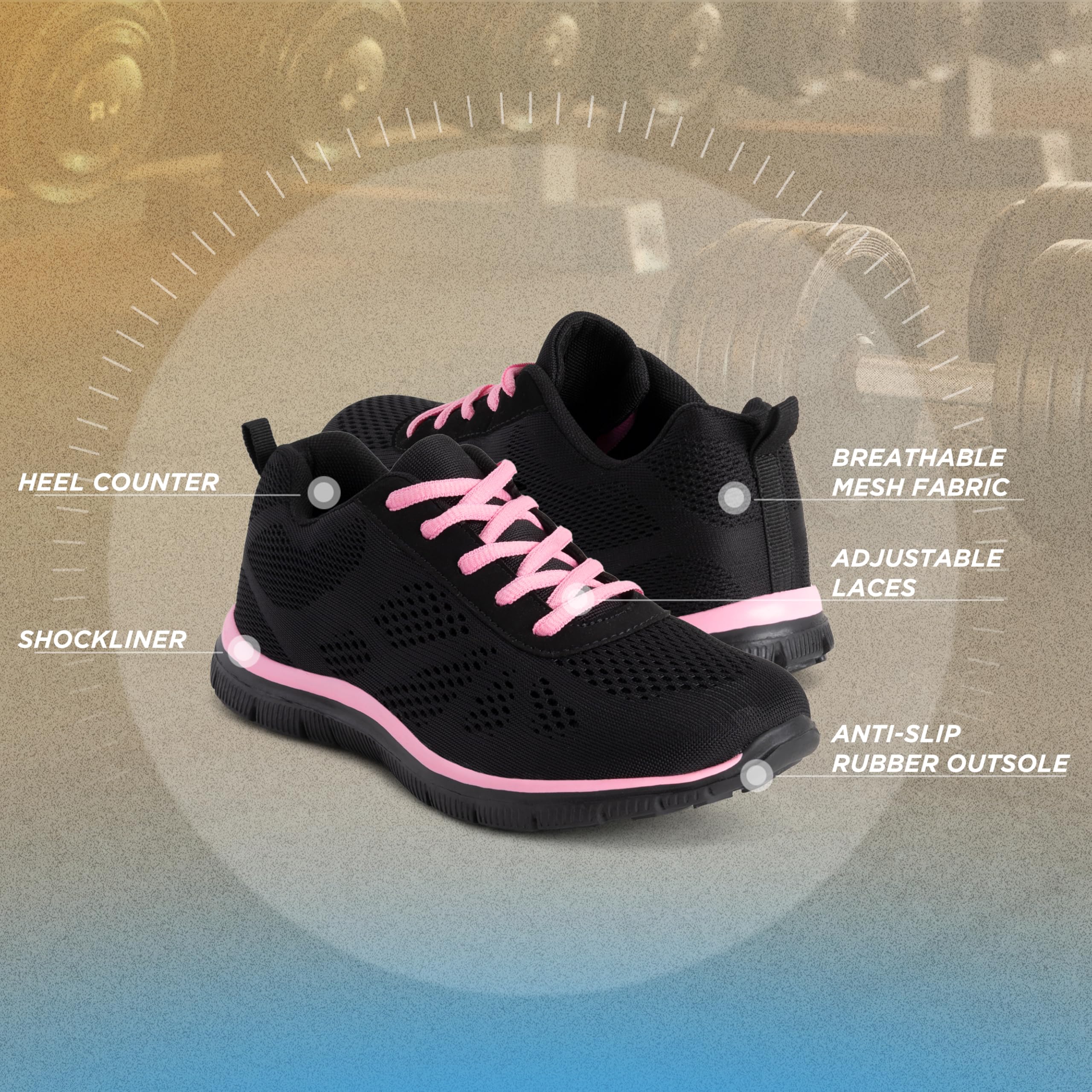Get Fit Women’s Lightweight Trainers - Breathable Mesh Gym Walking Shoes - Comfortable Lace-Up Fitness Sneakers, Flexible Non-Slip Sole - Black/Pink - UK5/EU38