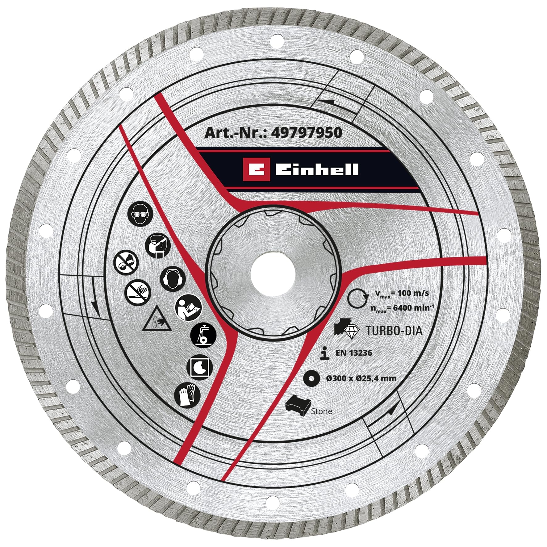 Einhell - Disco de corte de diamante turbo (300 x 25,4 mm, 300 x 25,4 mm, 6 mm de diámetro, 6 mm de borde de diamante turbo, máx. 6400 min-1, para máquinas de corte de piedra)