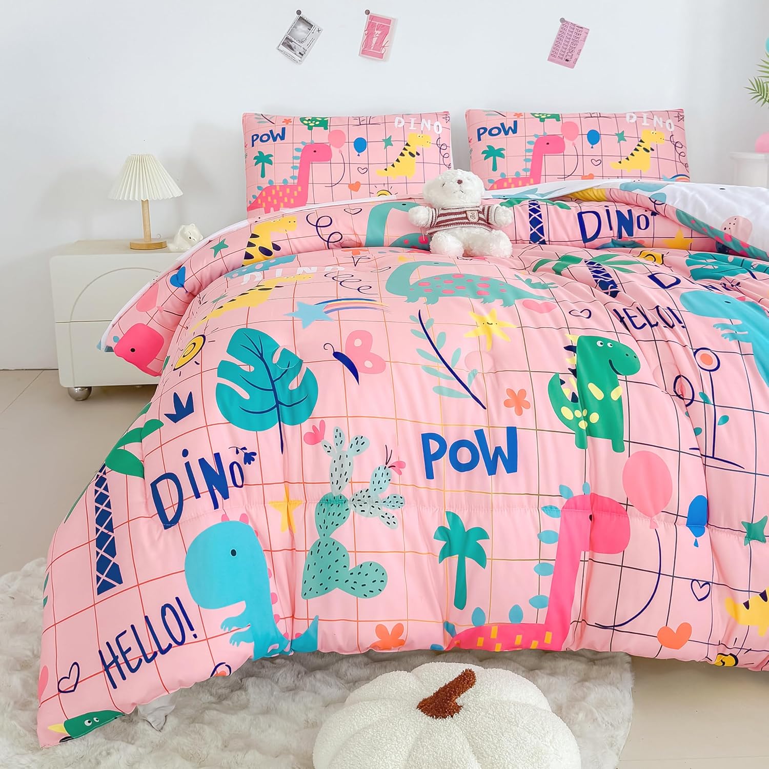 MWMWMW 5 Piece Pink Dinosaur Girls Comforter Set Full, Kids Comforter Sets for Girls, Bed in a Bag Full for Teens Kids Bedroom with 1 Comforter, 1 Flat Sheet, 1 Fitted Sheet and 2 Pillowcases