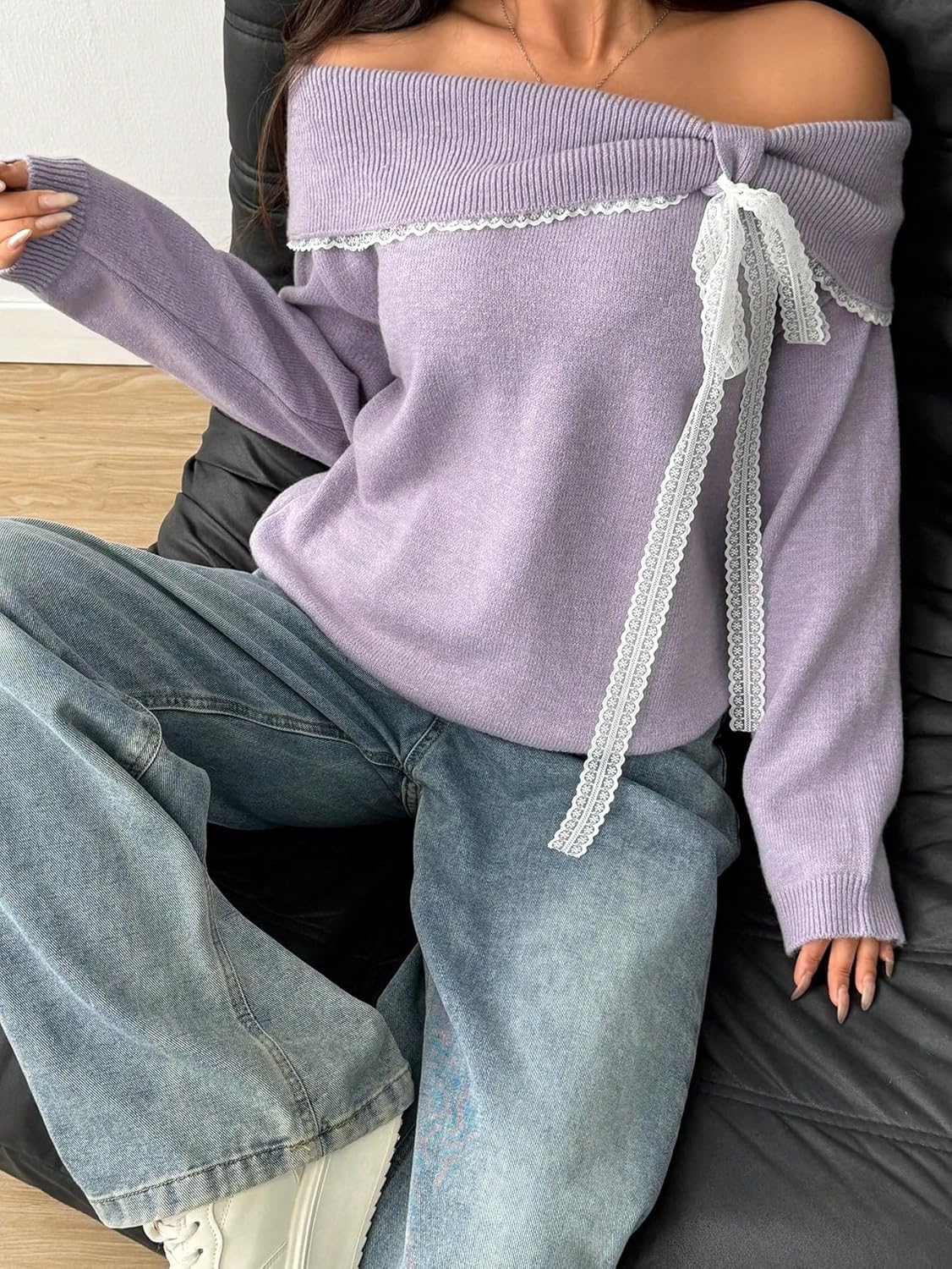 Off The Shoulder Sweater for Women Cute Long Sleeve Sexy Lace Bow Tie Knit Cropped Pullover Sweater - Image 5