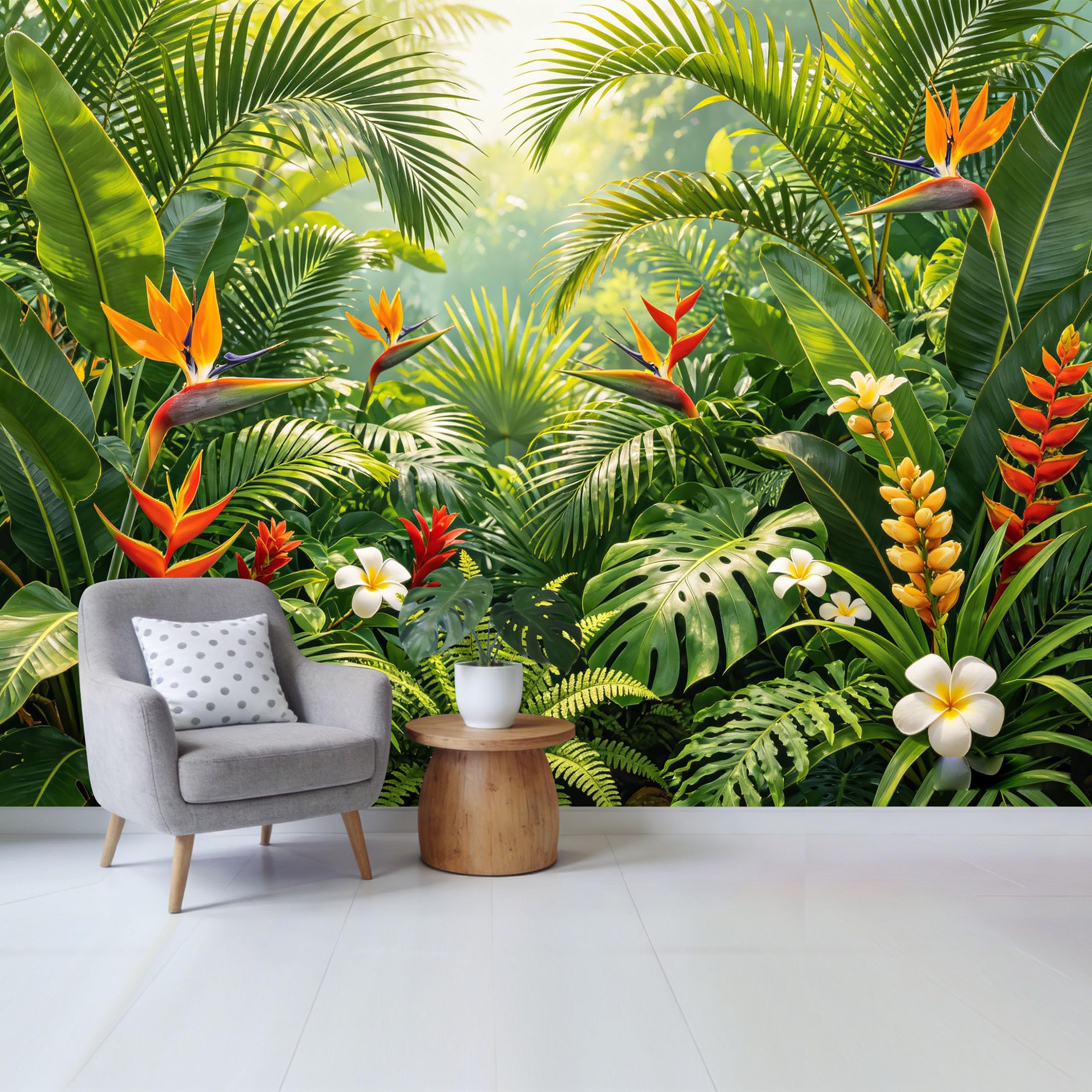 Qzlithotic Yq2605250447 Custom Size Wall Mural Tropical Bird Of Paradise Flower Lush Palm Leaf Botanical Jungle Selfadhesive Wall Fabric Removable Wallpaper For Home Office Decor