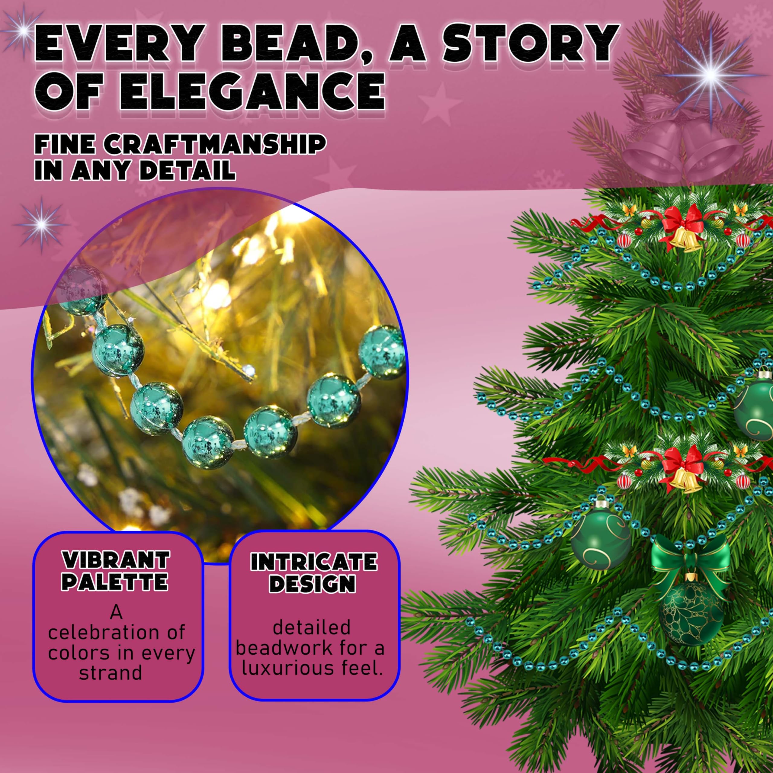 3x Turquoise 10M Bead Garlands, Luxury Plastic Christmas Bead Chains, Shiny Pearl Beads for Xmas Tree Party Decor - Image 4