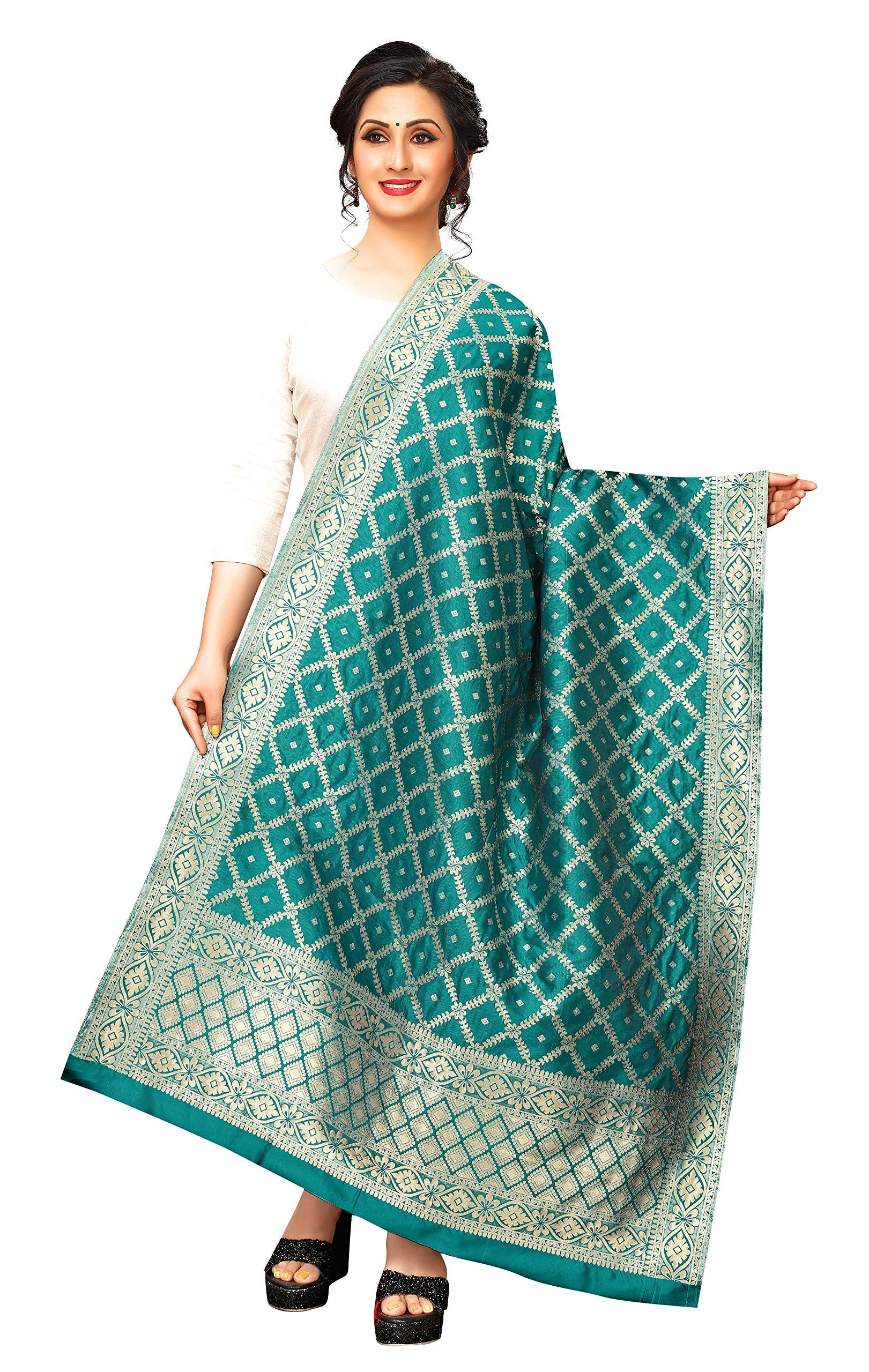 Jenny Designer Women's Woven Banarasi Silk Solid Printed Dupatta (Rama)