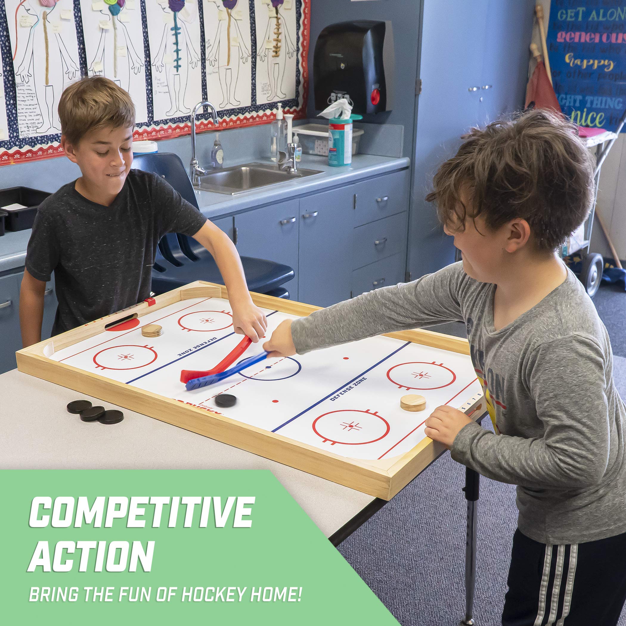 GoSports Hockey Ice Pucky Wooden Table Top Hockey Game for Kids & Adults - Includes 1 Game Board, 2 Hockey Sticks & 3 Pucks