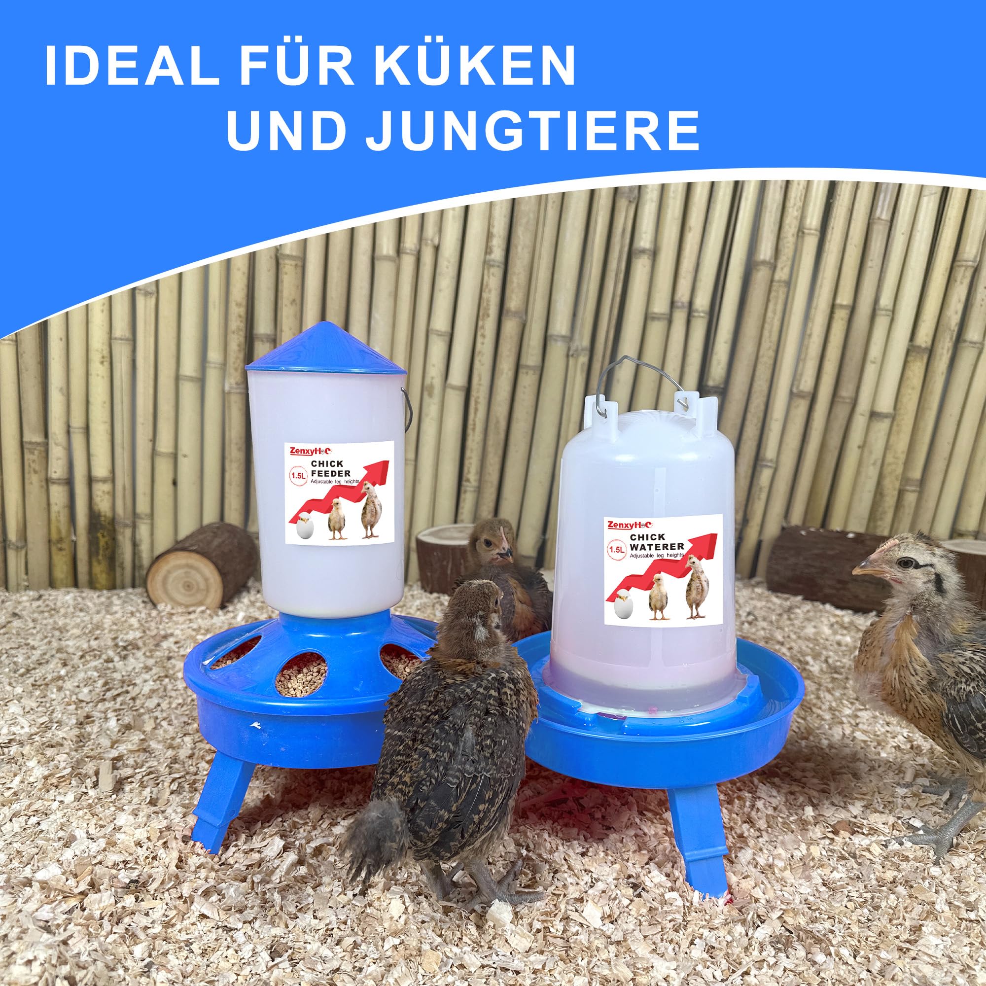 ZenxyHoC Küken Futterautomat und Tränke Set, 1,5 L Hühner Futterautomat und 1,5 L Hühnertränke mit 3 Höhenverstellbaren Höhen für Hühnchen, Blau | Füllung von oben, inklusive Schaufel, 3 verstellbare Höhen, Haken und Anti-Ertrinken-Design. Aus BPA-freiem