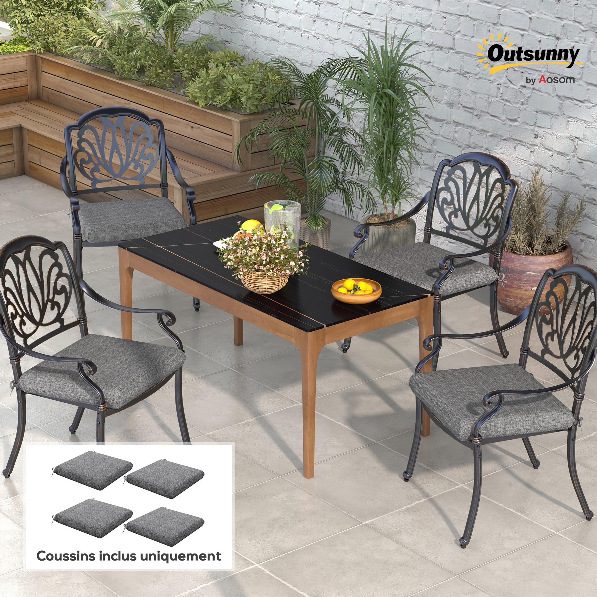 Outsunny Lot de 4 Coussins de Chaise Rembourrage Épais 47 x 47 cm Gris