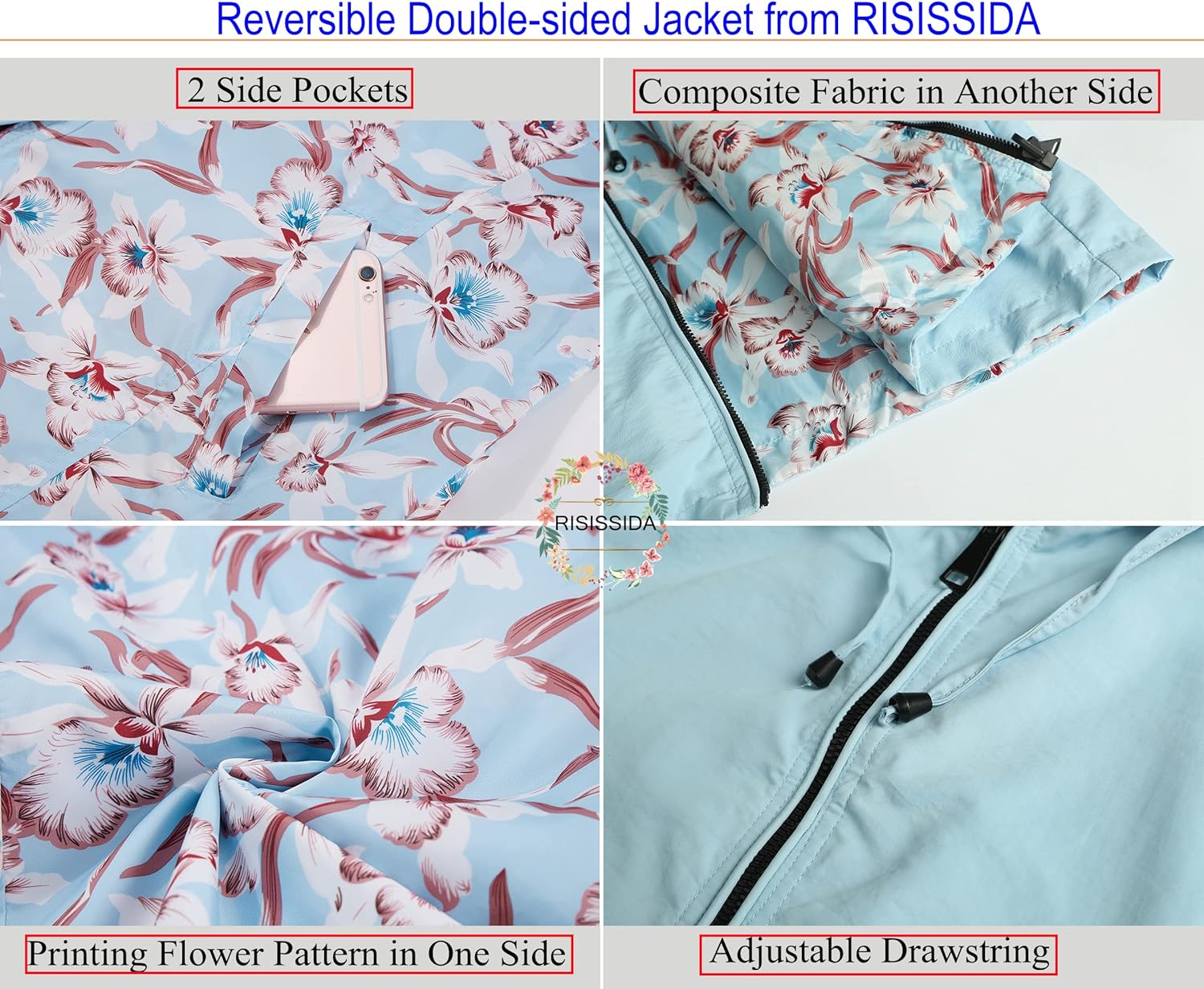 RISISSIDA Women Reversible Floral Print Jacket Hooded Spring Fall Fashion, Casual Lightweight Waterproof Thin Transition Coat