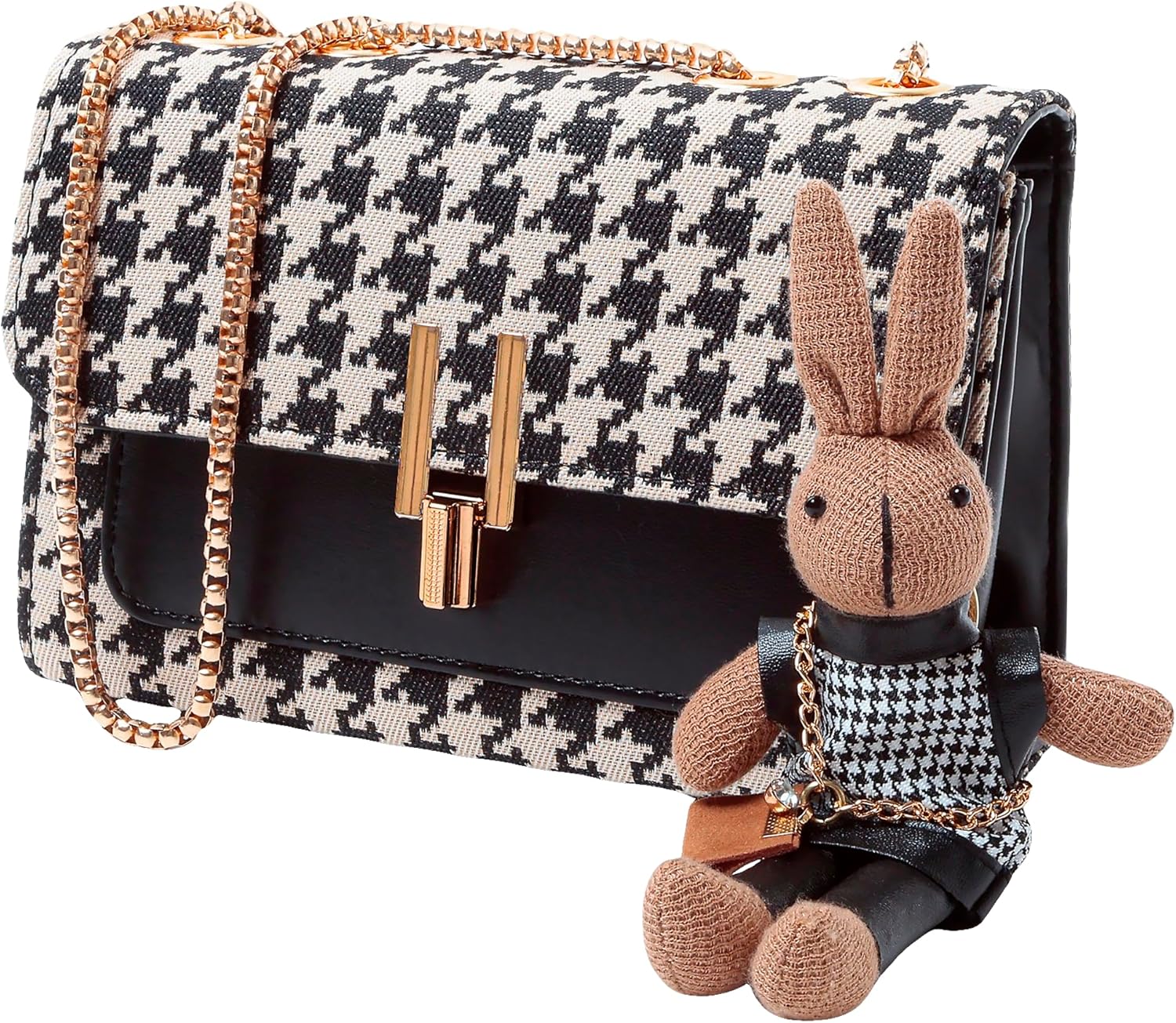 Houndstooth Faux Leather Crossbody Bags, Womens Metal Chain Strap Vegan Shoulder Clutch Purse with Rabbit Key Ring