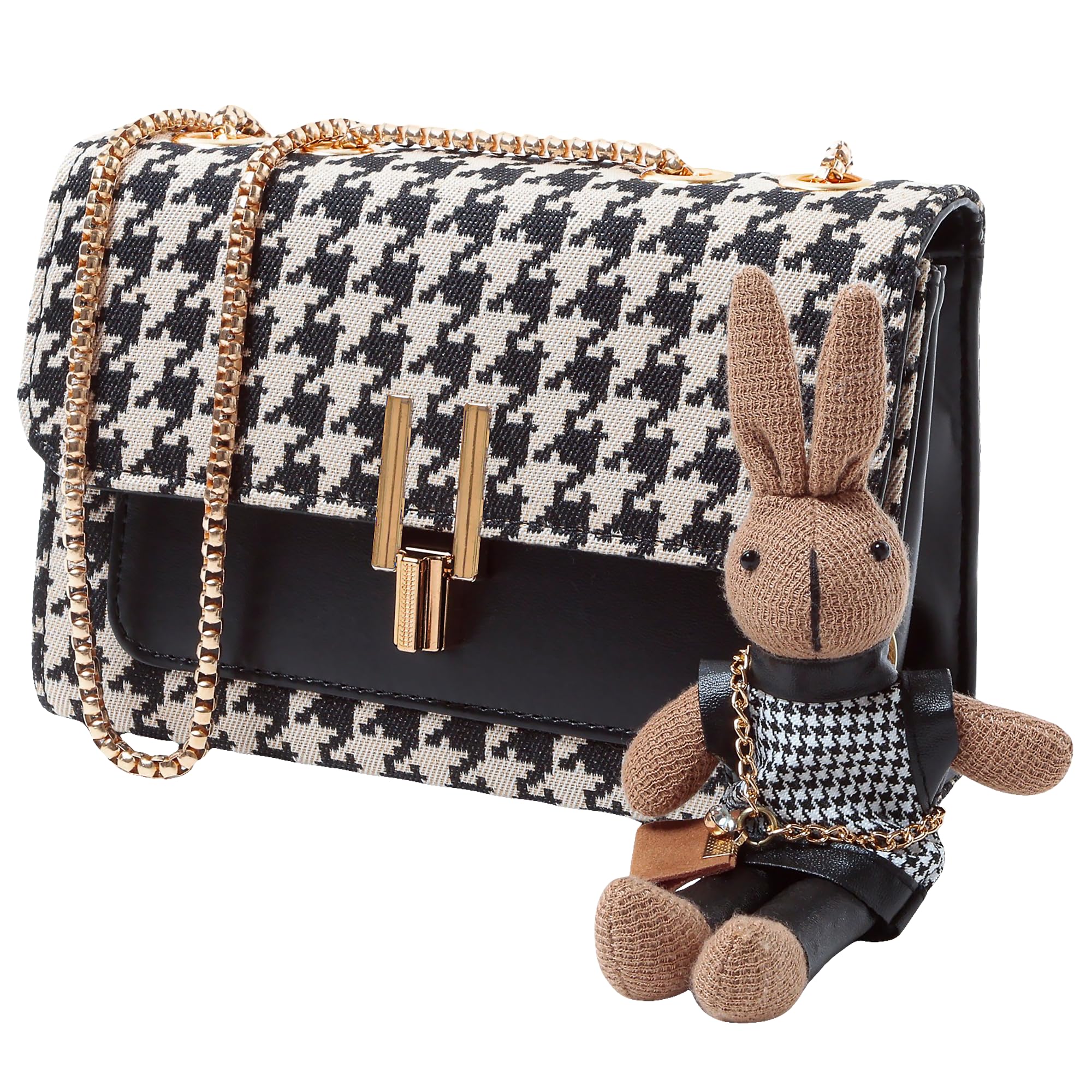 Alijulice Houndstooth Faux Leather Crossbody Bags, Womens Metal Chain Strap Vegan Shoulder Clutch Purse with Rabbit Key Ring (Black Gold)