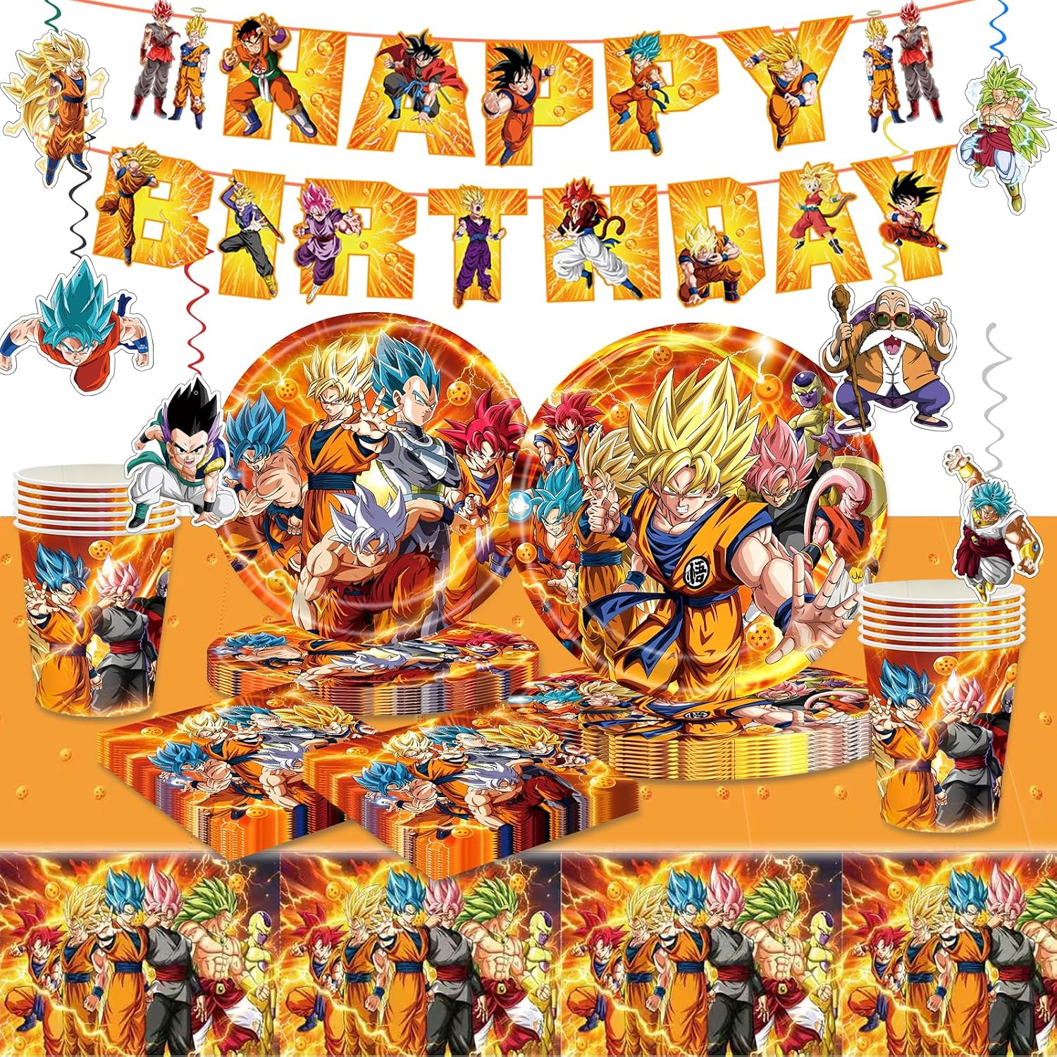 88PCS For Dragon Party Supplies: 6 Hanging Swirls, 20 Napkins, 20 Cups, 20 Plates （9 inch）， 20 Plates 7（ inch）, 1 Banner, 1 Tablecloth for Dragon Birthday Party Decorations